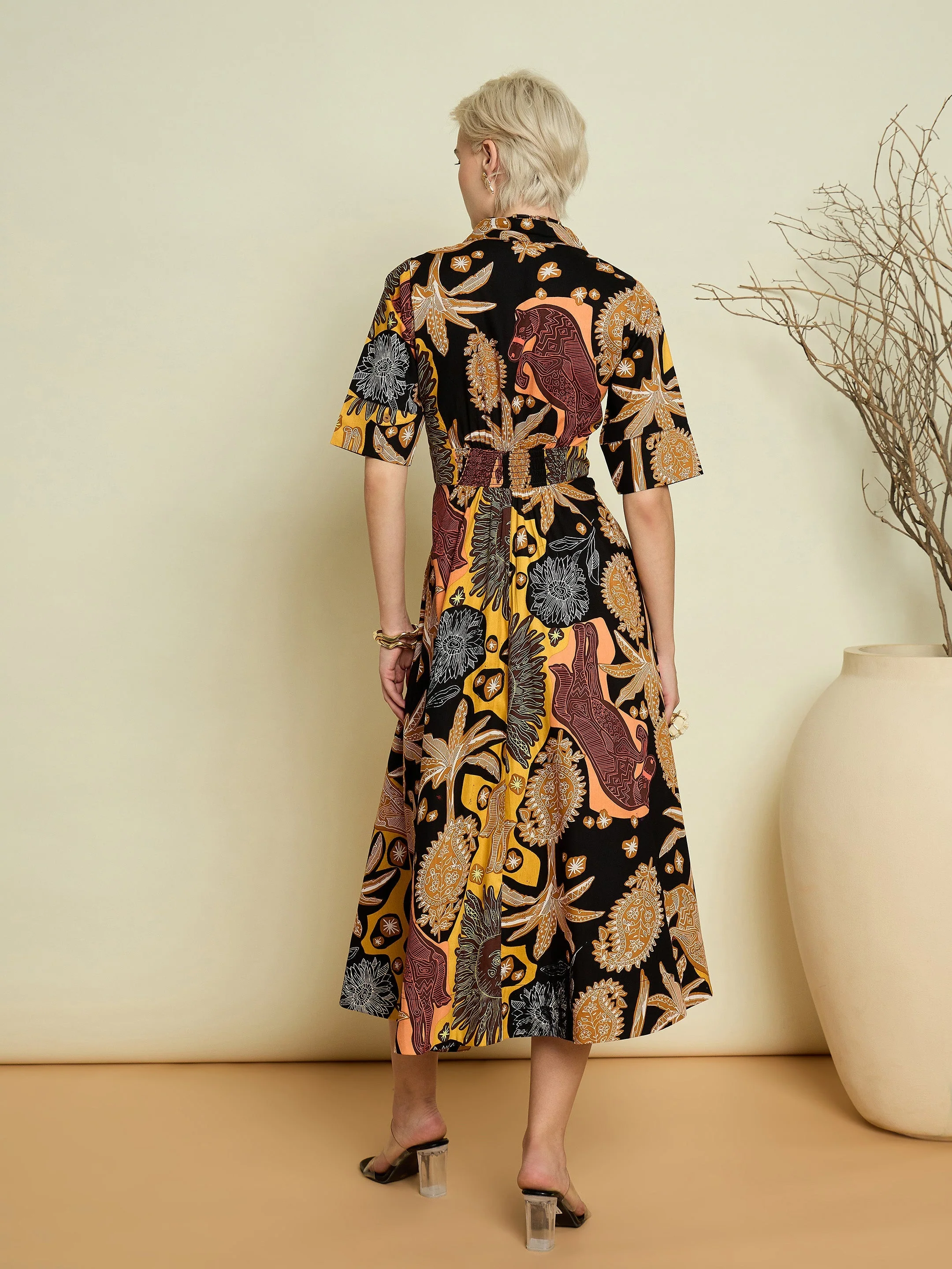 Women Black Boho Printed Button Placket A-Line Midi Dress - Image 5
