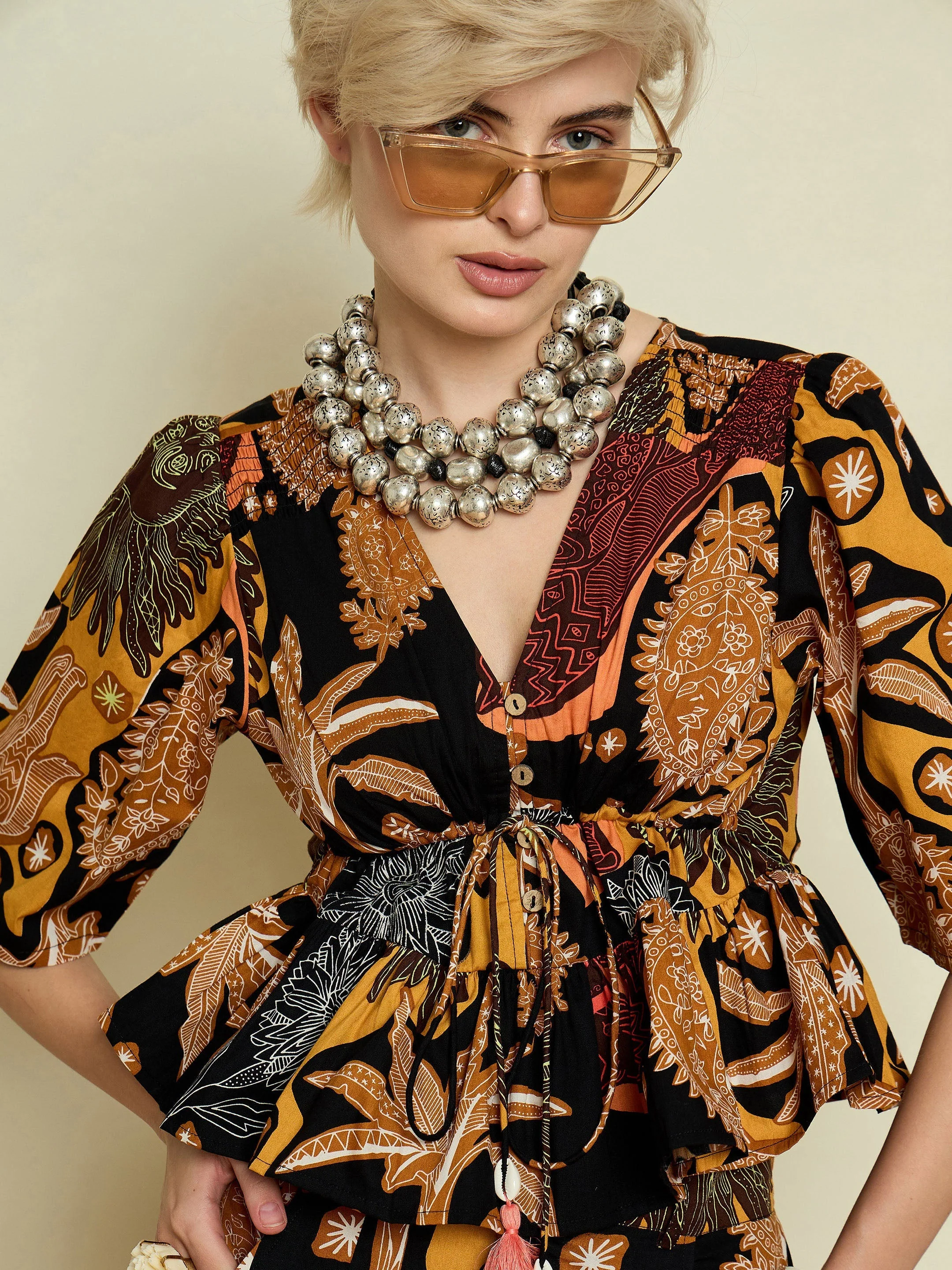 Women Black Boho Printed Peplum Top With Skirt - Image 2