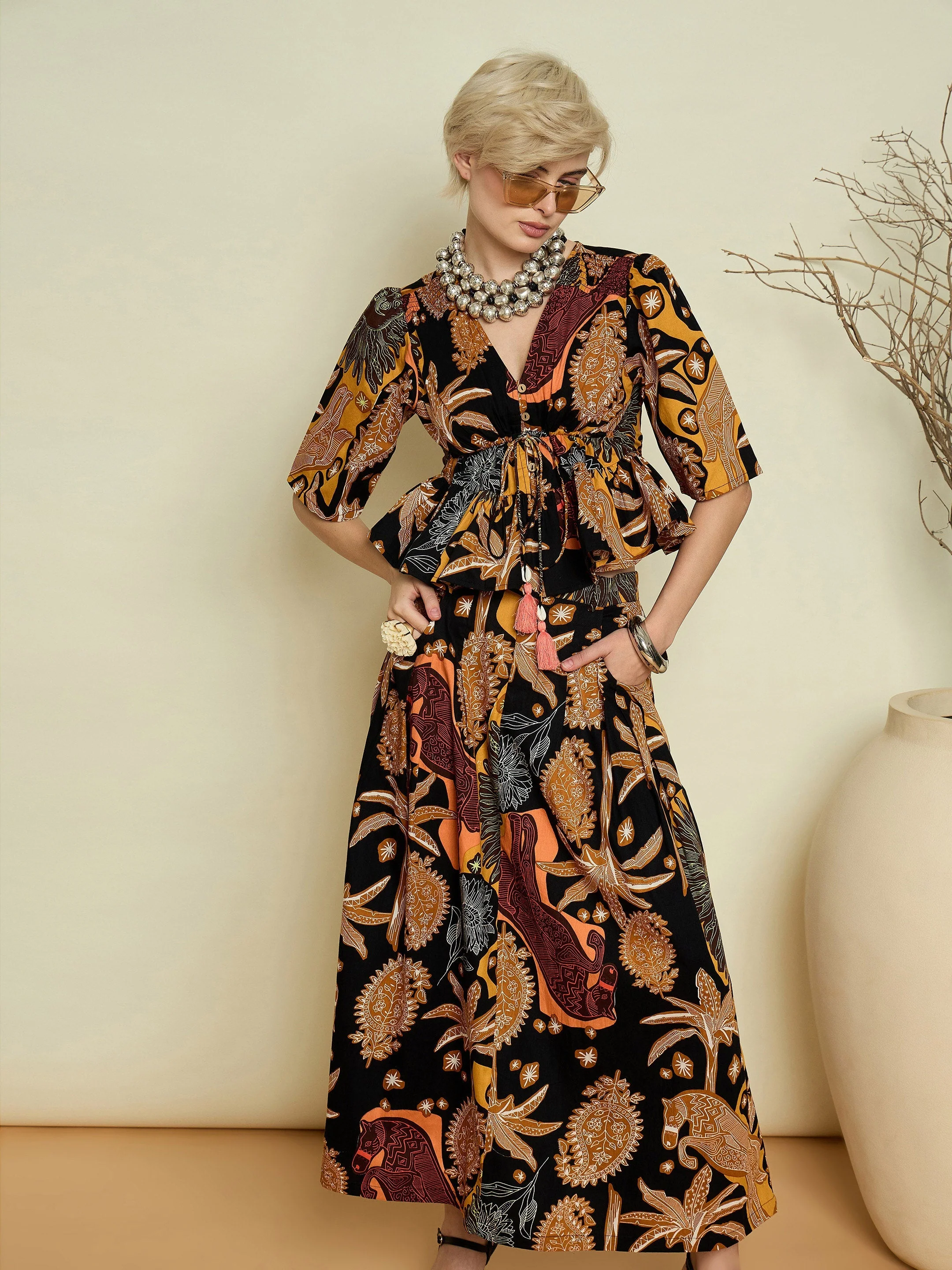 Women Black Boho Printed Peplum Top With Skirt - Image 3