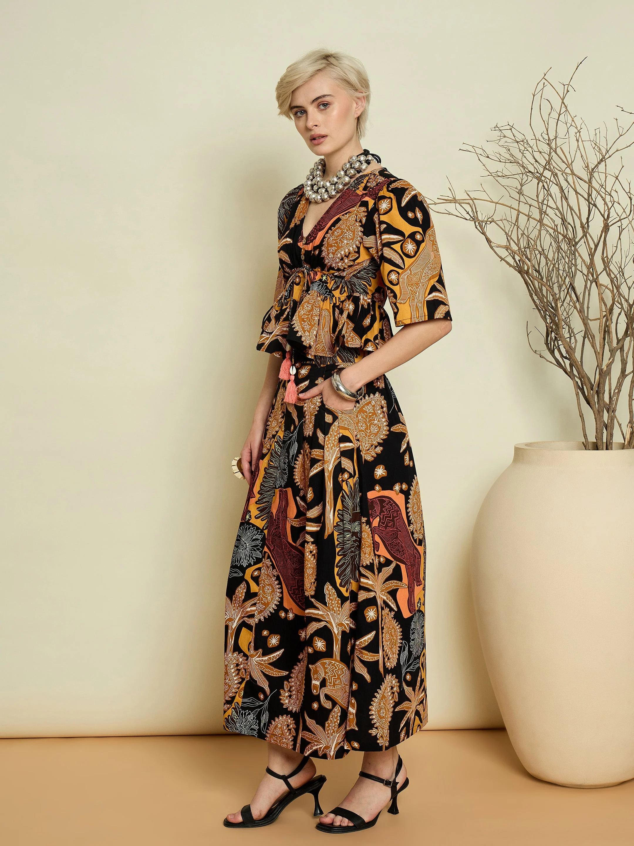 Women Black Boho Printed Peplum Top With Skirt - Image 4