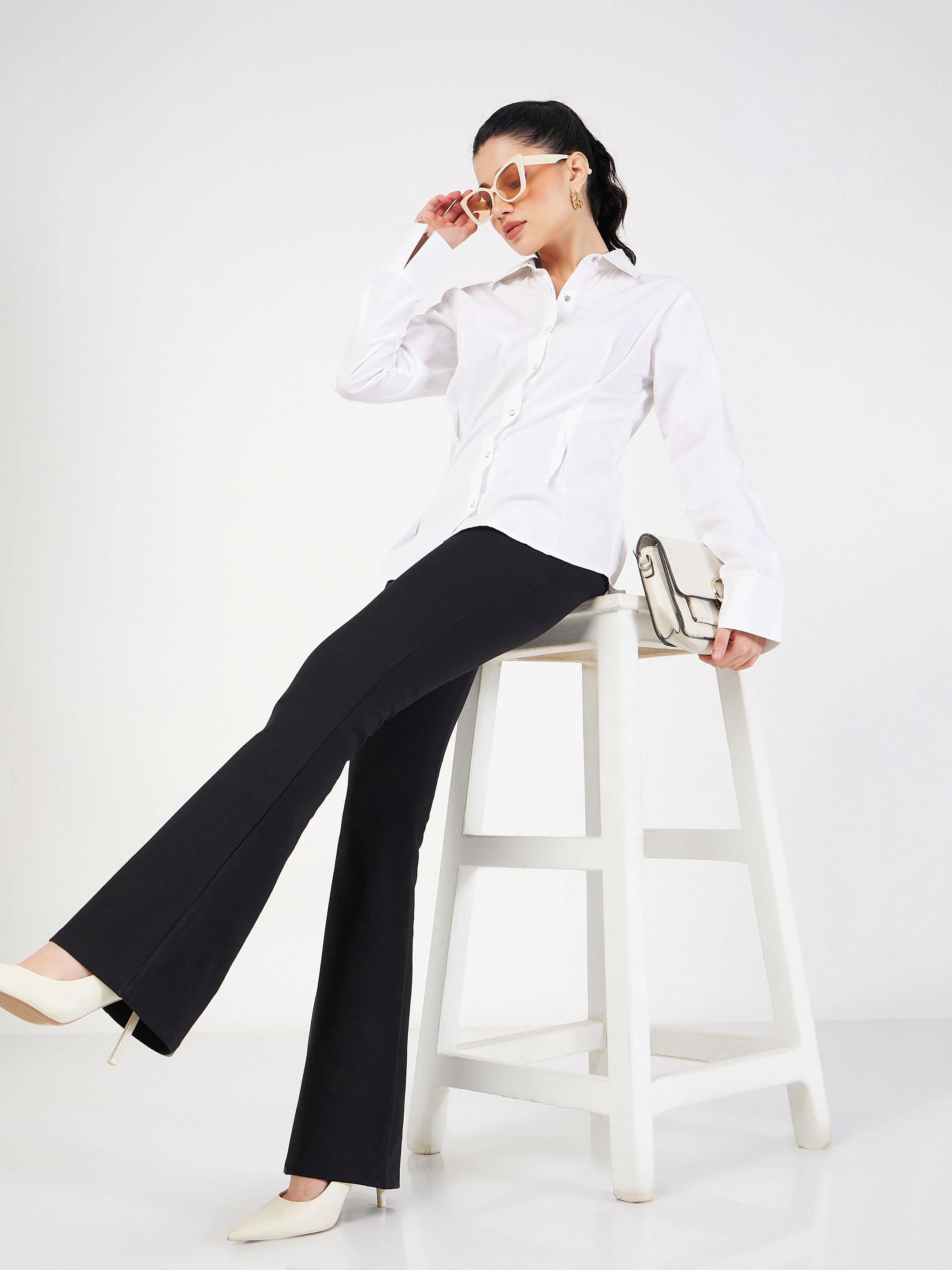 Women Black Bone Pocket Bell Bottom Pants - Image 2