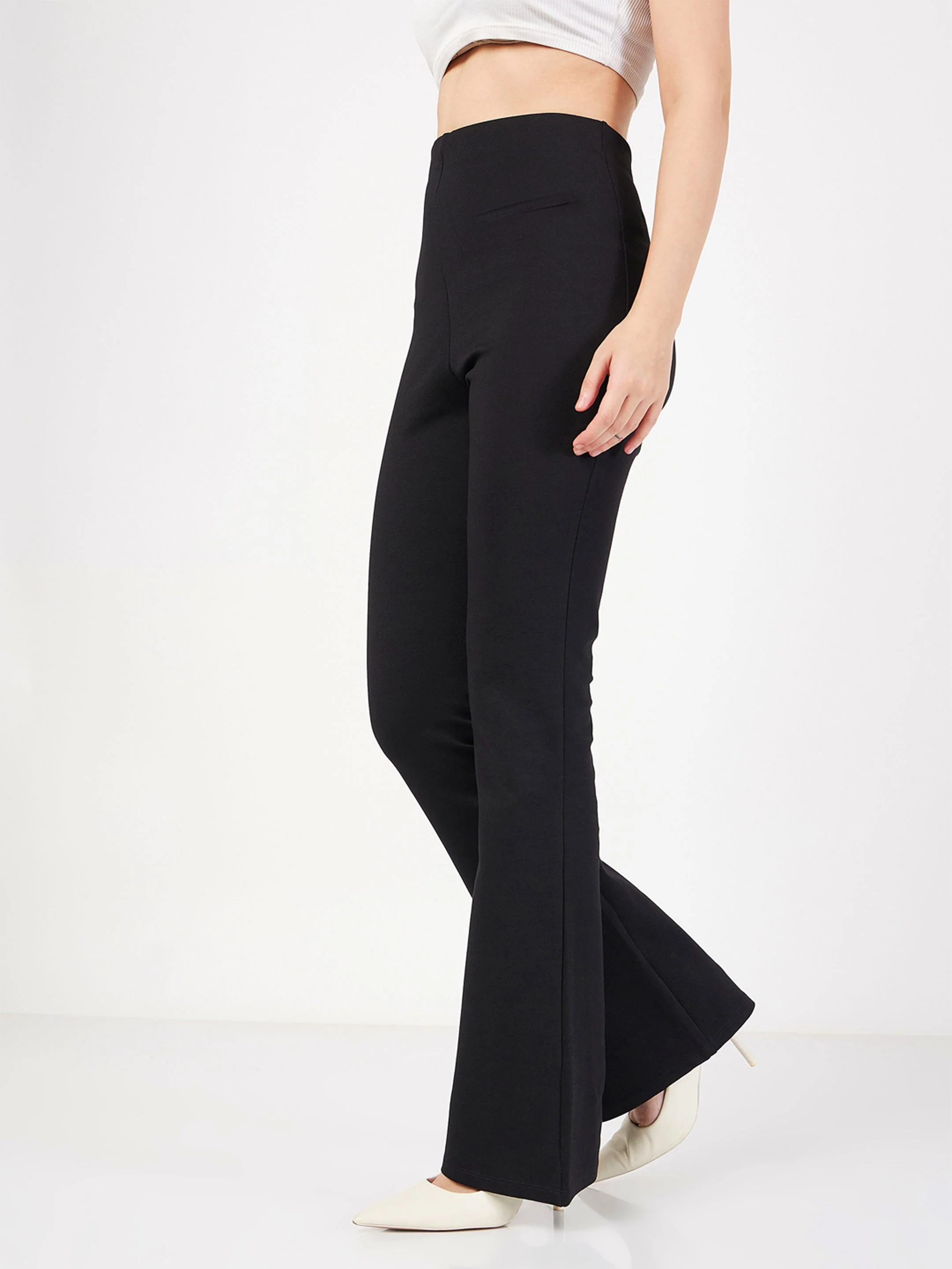 Women Black Bone Pocket Bell Bottom Pants - Image 3