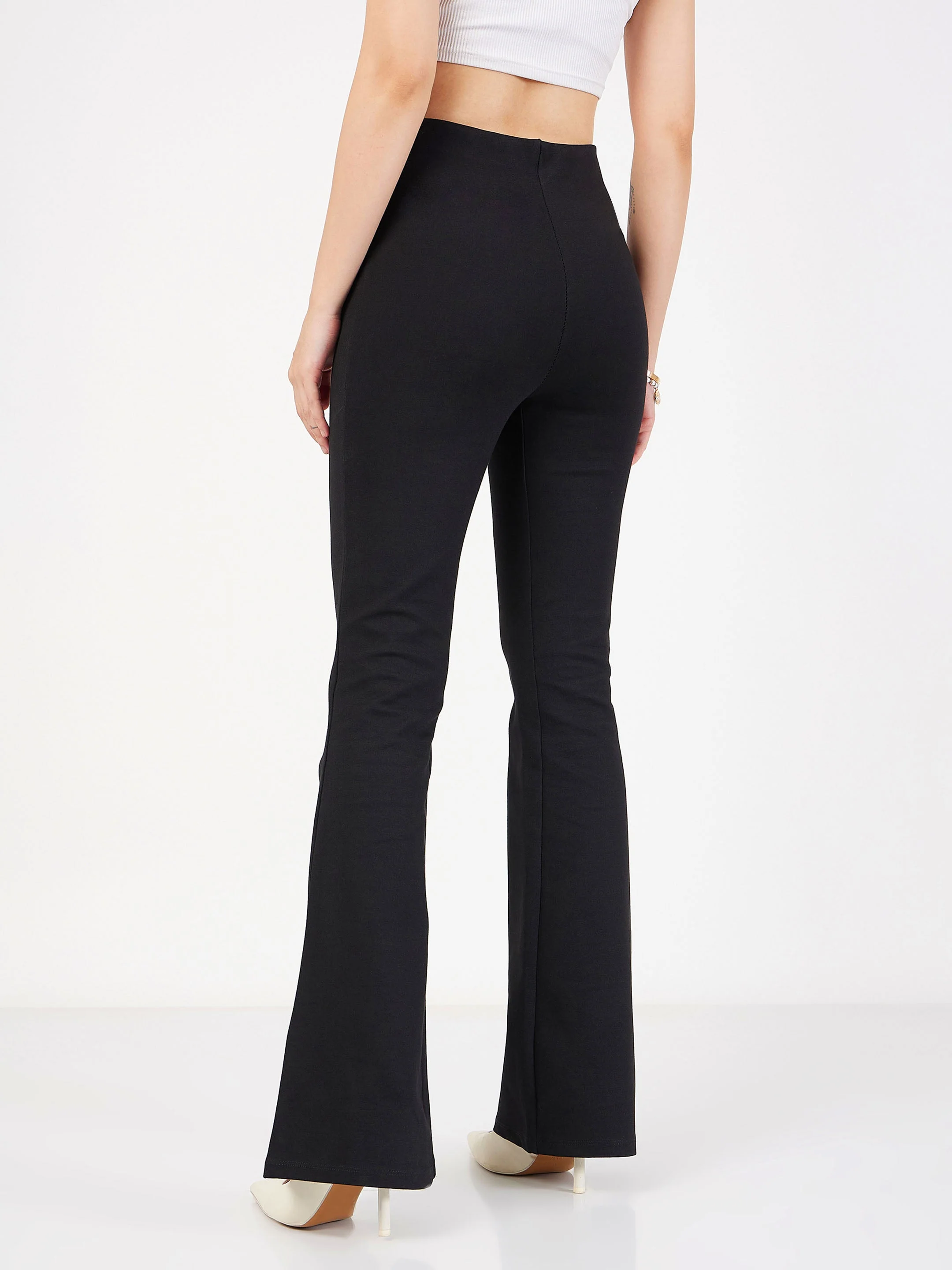 Women Black Bone Pocket Bell Bottom Pants - Image 5