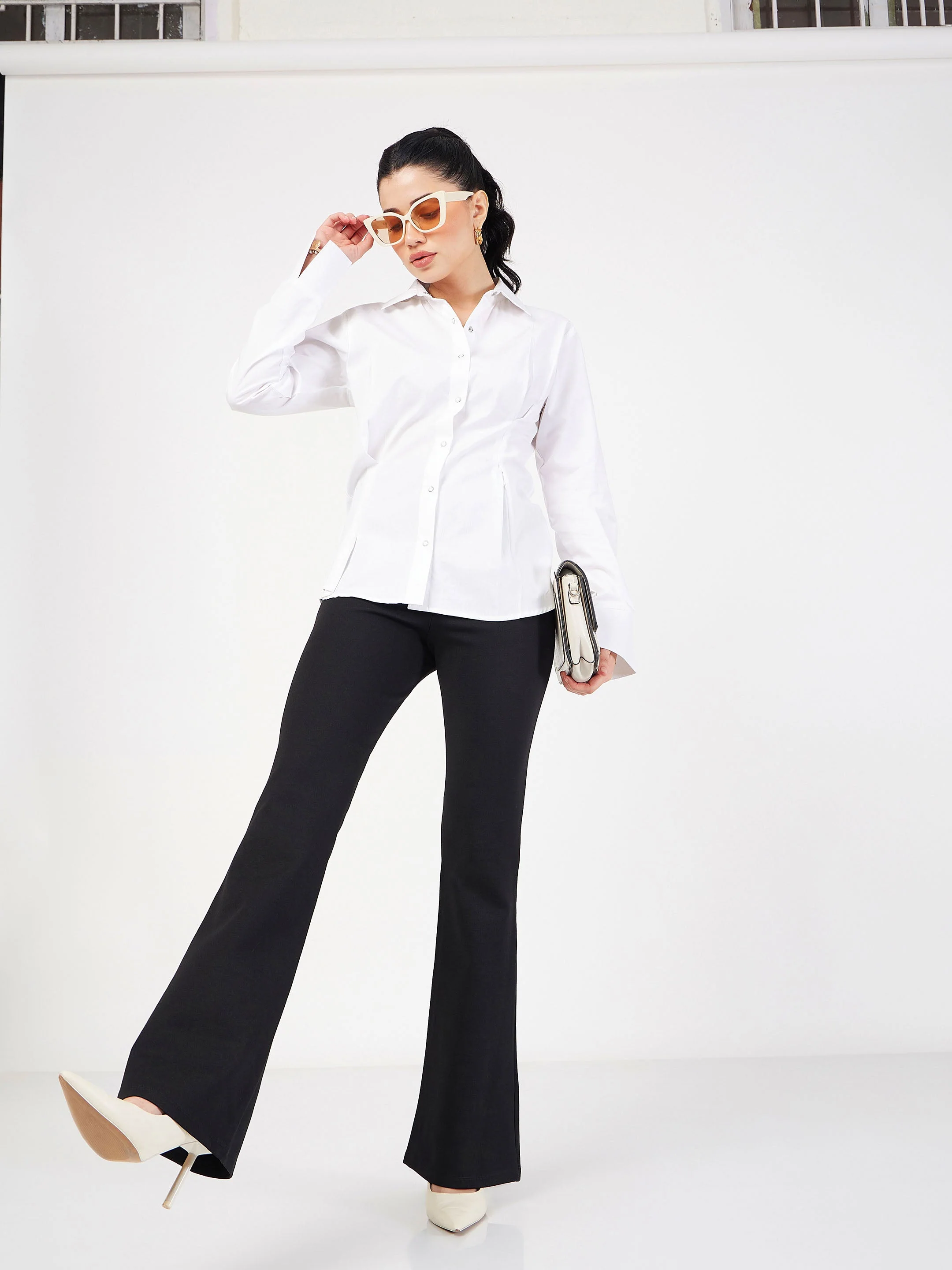 Women Black Bone Pocket Bell Bottom Pants - Image 6