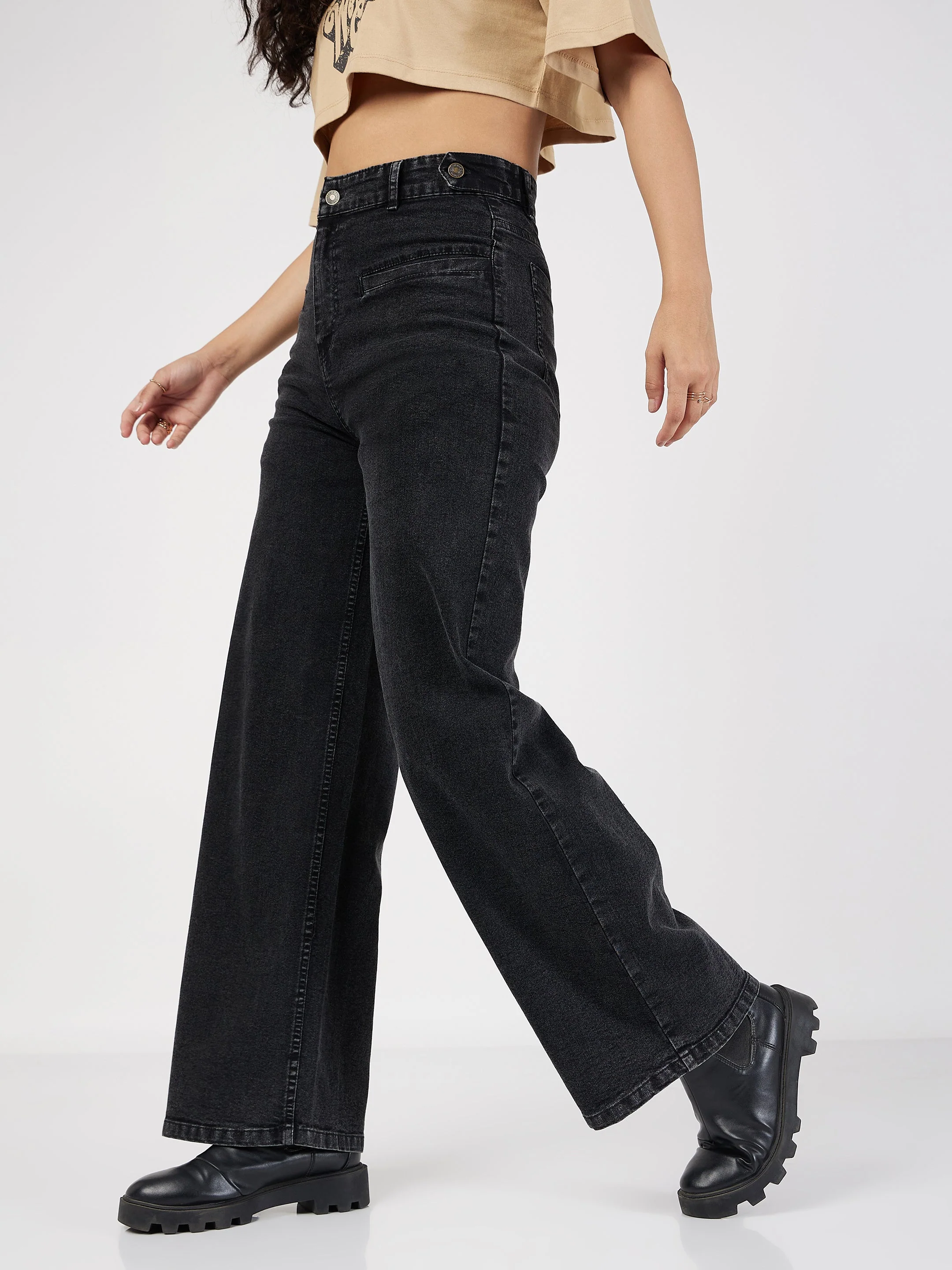 Women Black Bone Pocket Straight Jeans - Image 3