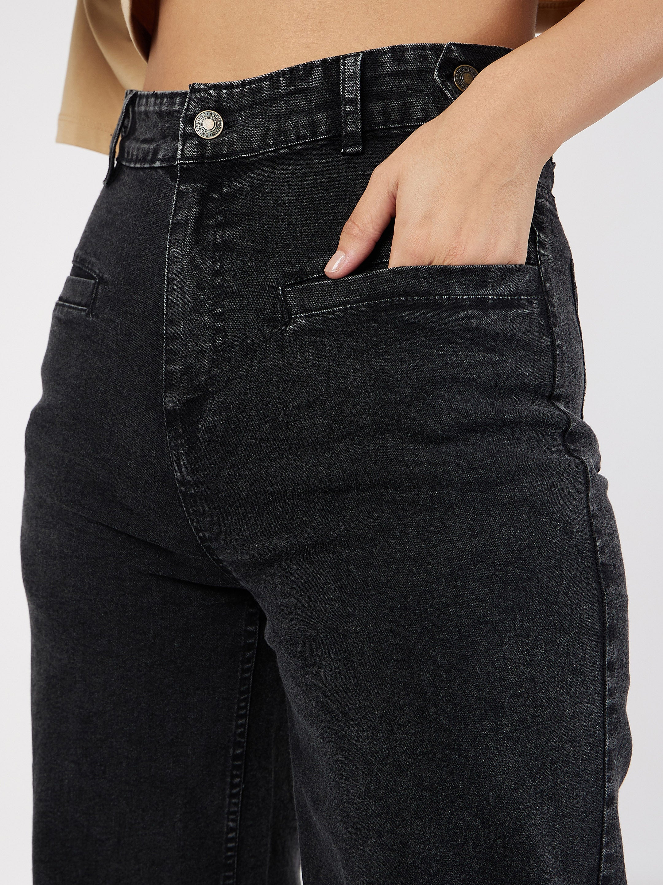 Women Black Bone Pocket Straight Jeans - Image 4