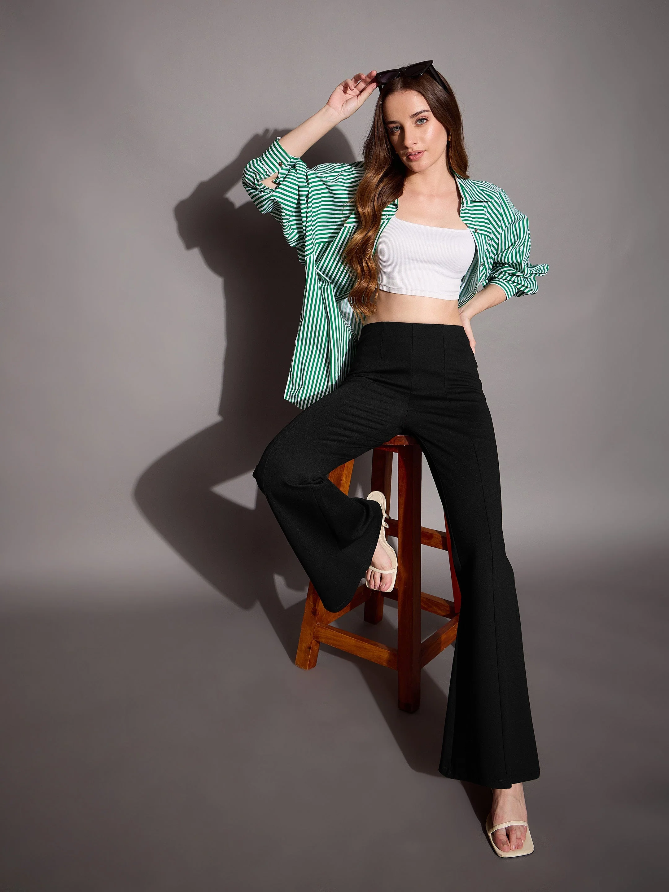 Women Black Bootcut Flared High-Rise Trousers - Image 2