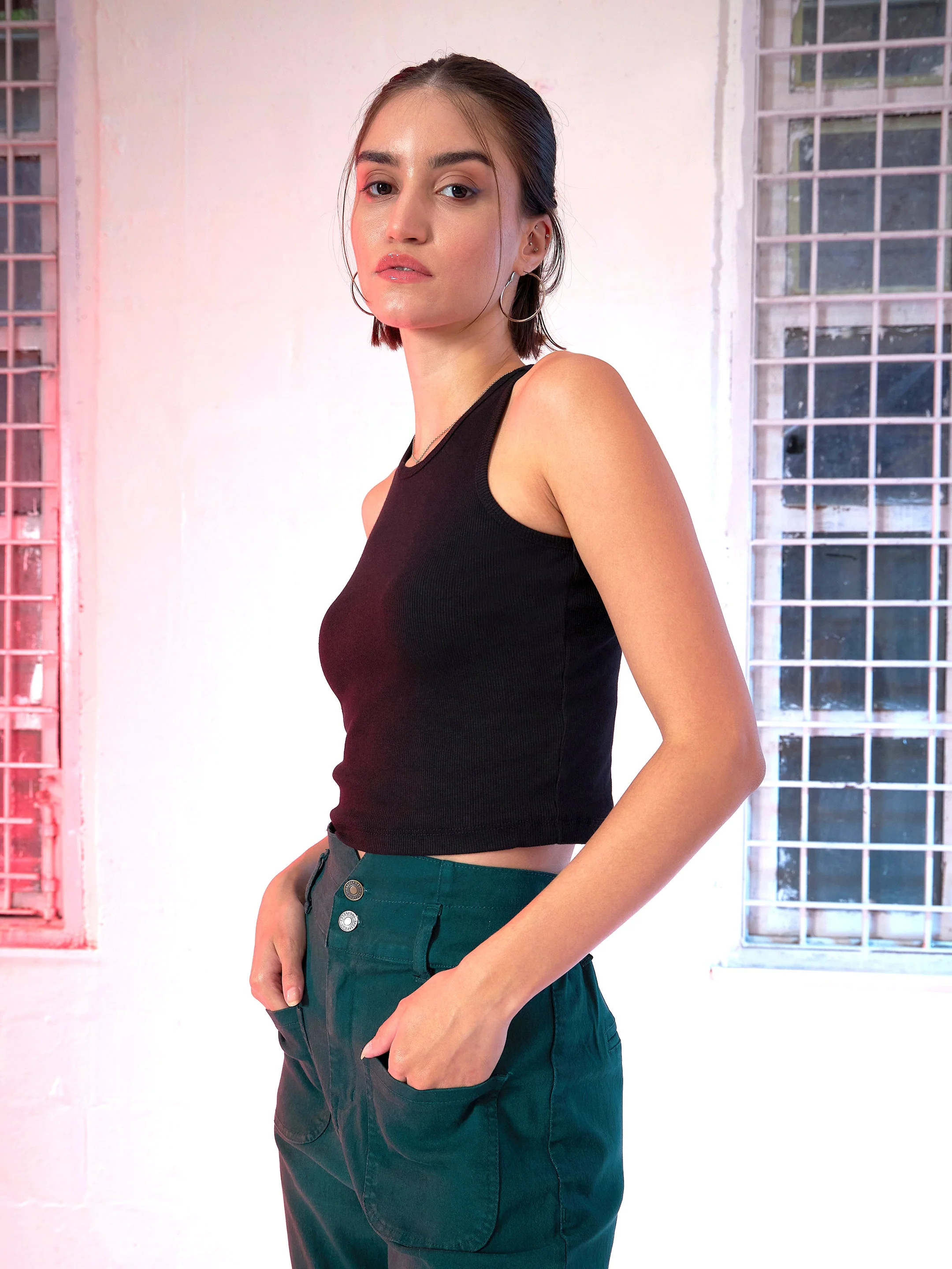 Women Black Box Back Rib Crop Top - Image 3