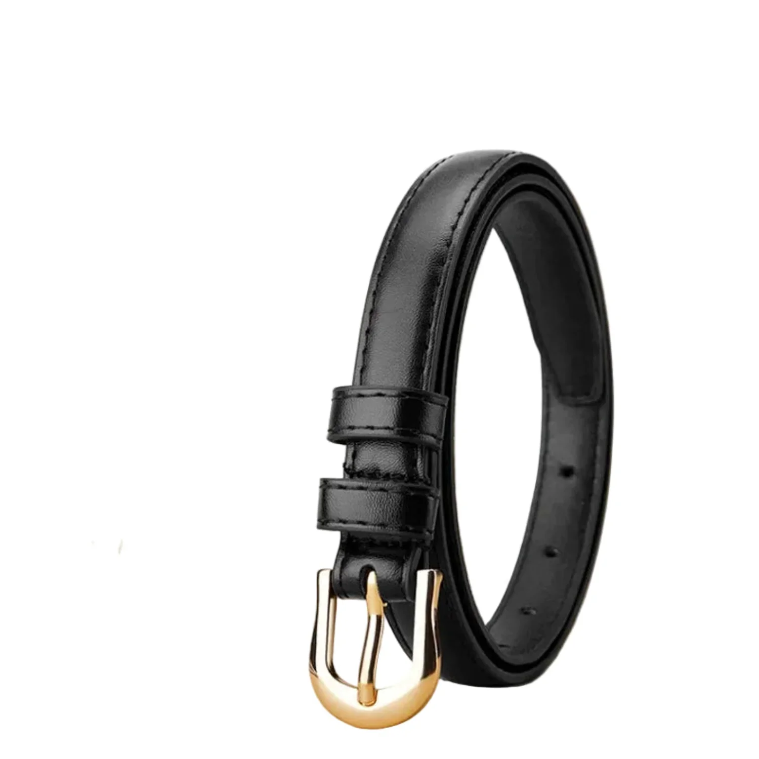 Women Black Buckle Slim Black Belt - Image 3