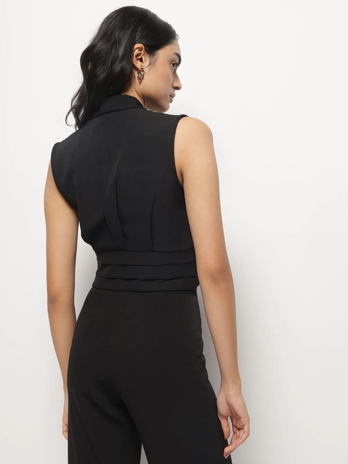 Women Black Business Formal Collared Sleeveless Waistcoat - Image 2