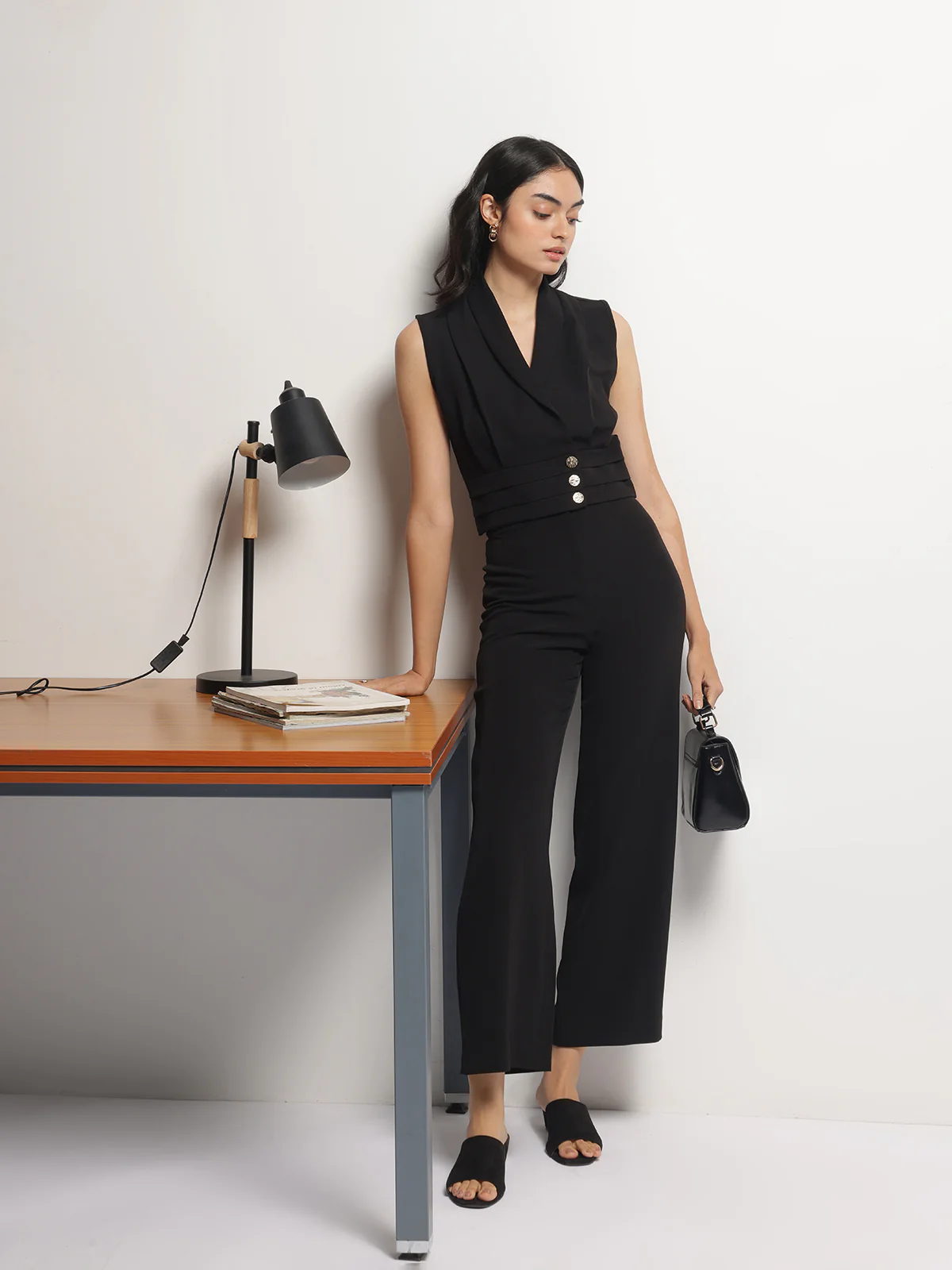 Women Black Business Formal Collared Sleeveless Waistcoat - Image 4