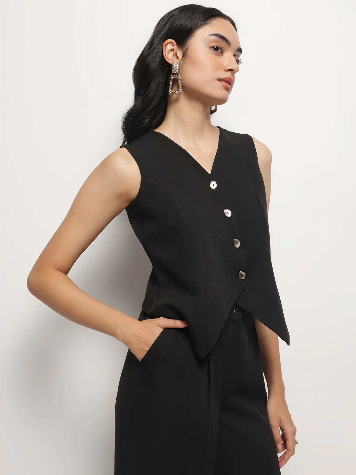Women Black Business Formal V-Neck Sleeveless Waistcoat - Image 3