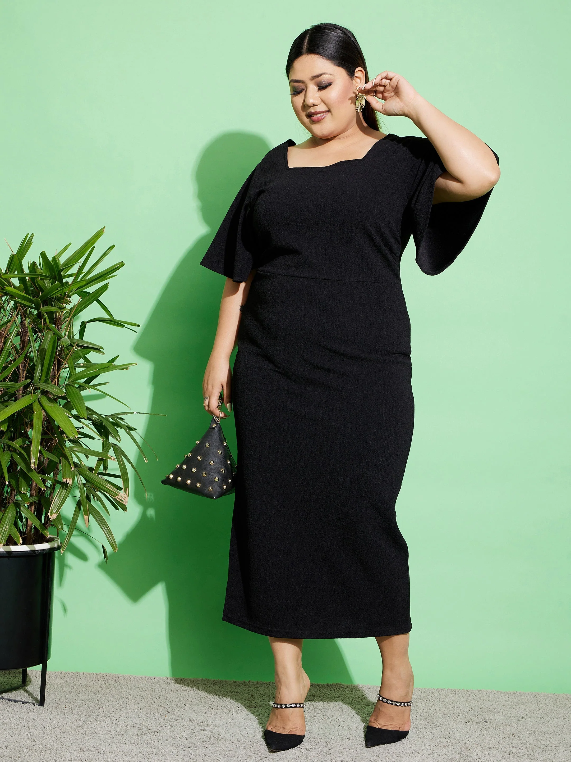 Women Black Butterfly Sleeve Bodycon Ankle Dress - Image 2