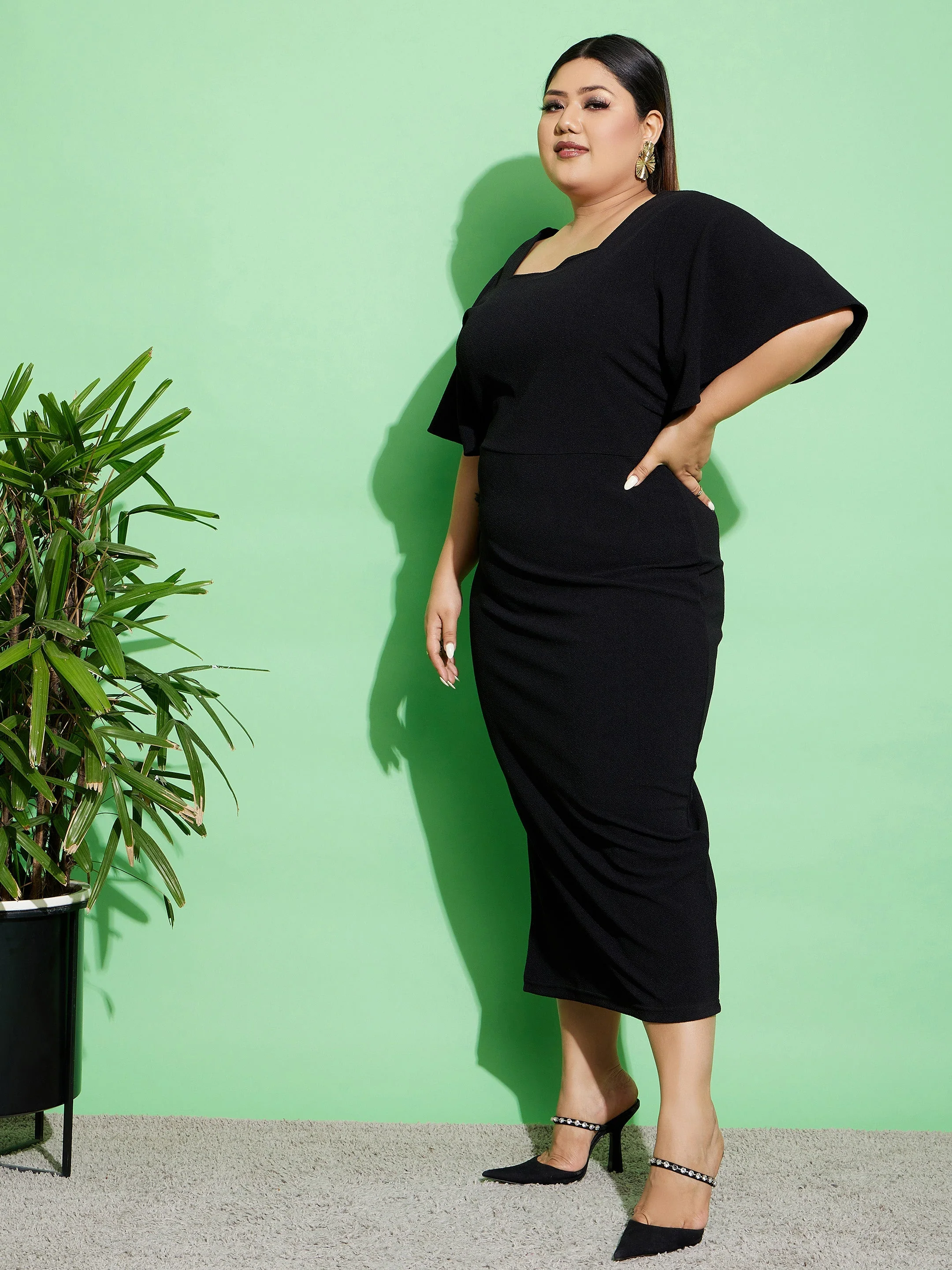 Women Black Butterfly Sleeve Bodycon Ankle Dress - Image 3