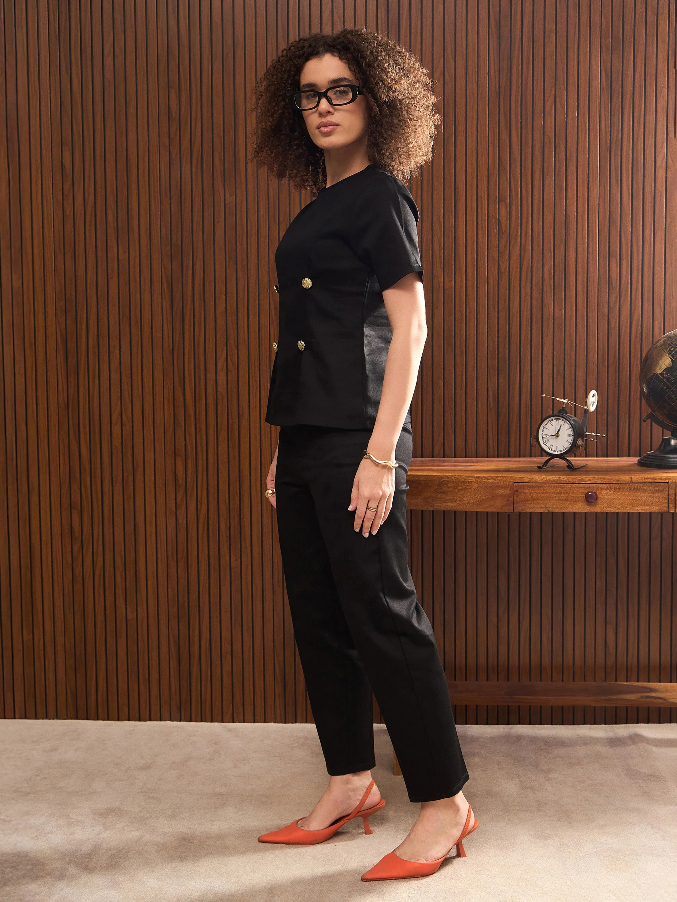 Women Black Button Down Darted Top with Pants - Image 4