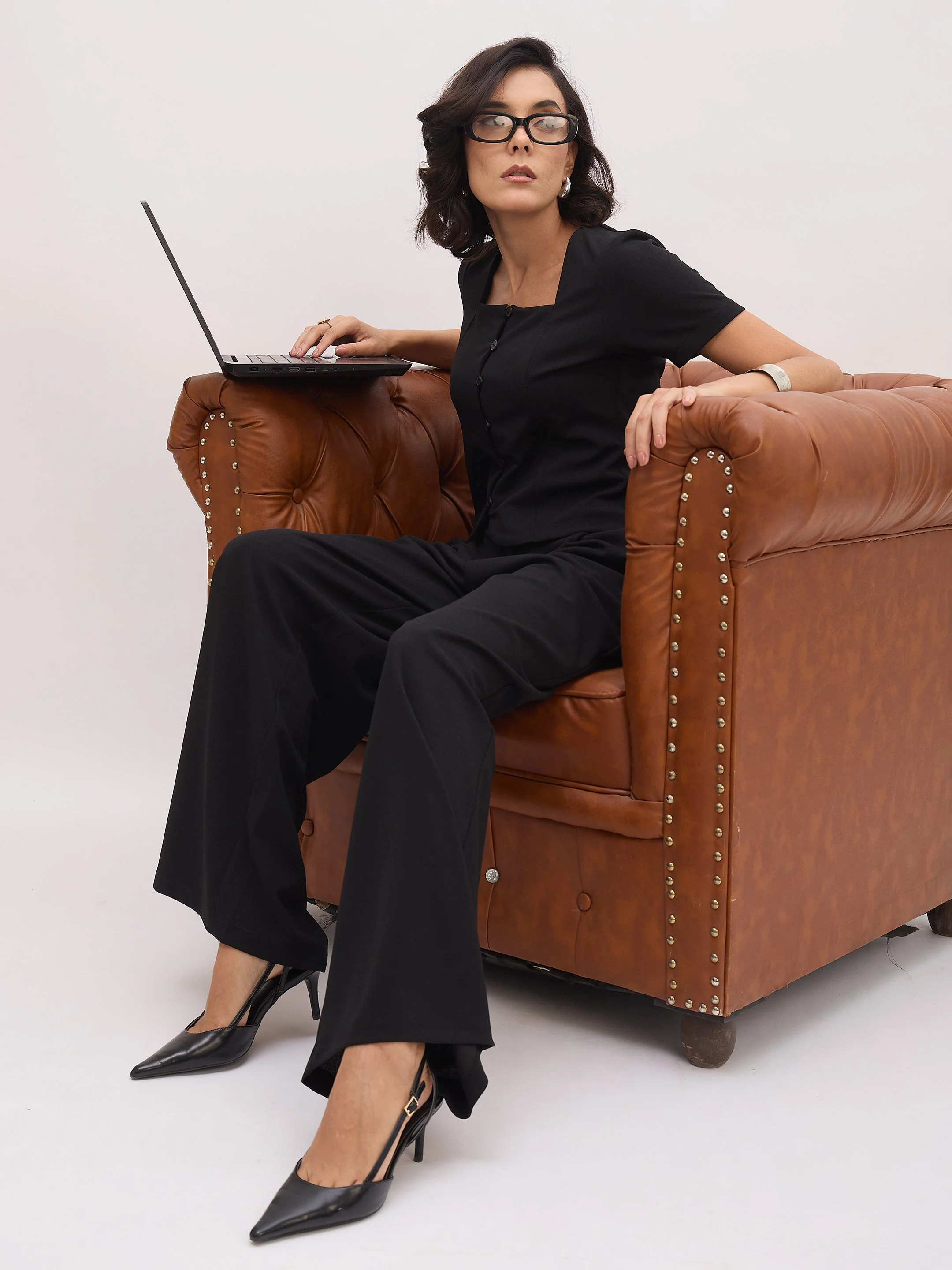 Women Black Button Top With Cross Pocket Pants - Image 2