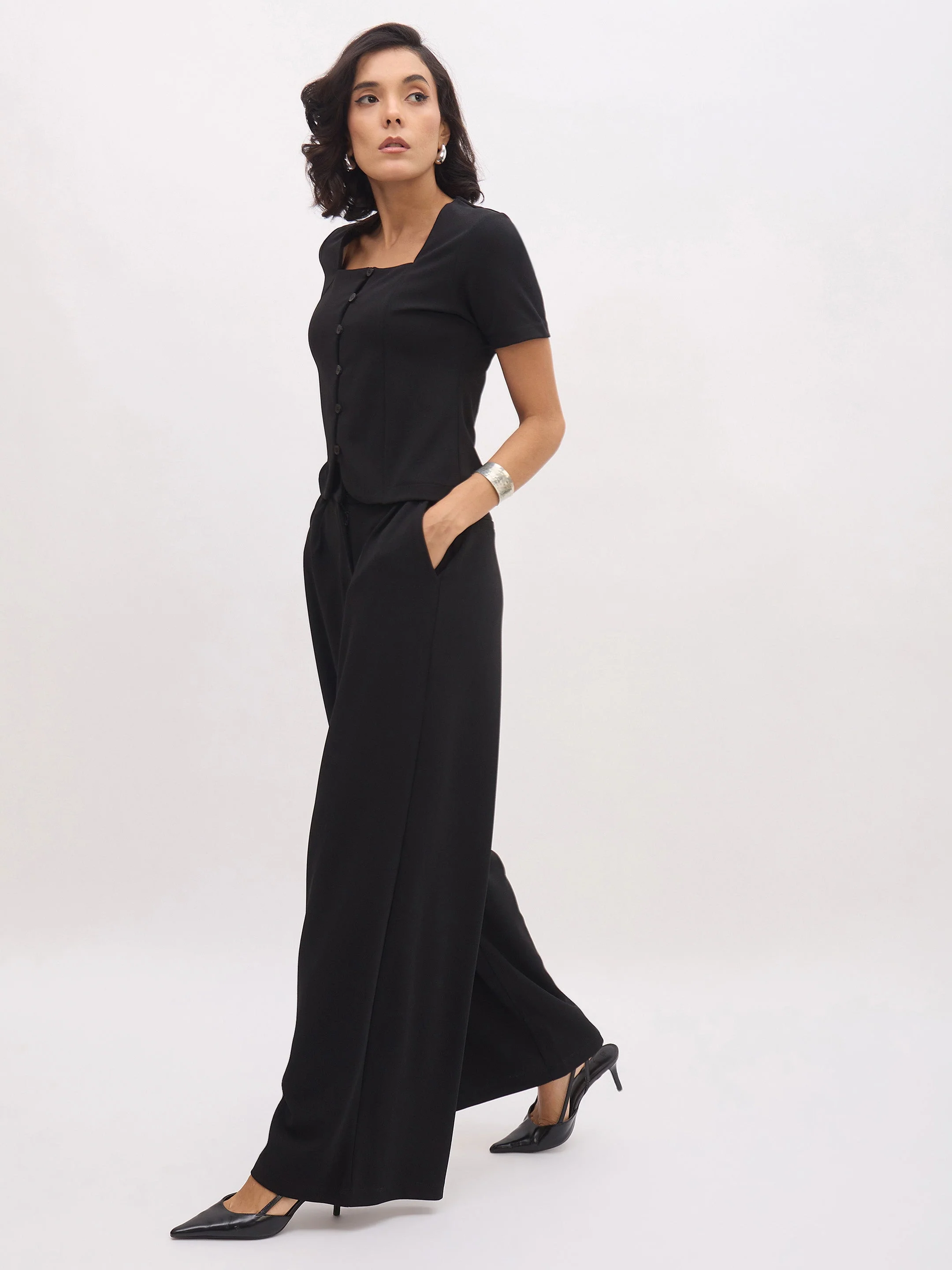 Women Black Button Top With Cross Pocket Pants - Image 3
