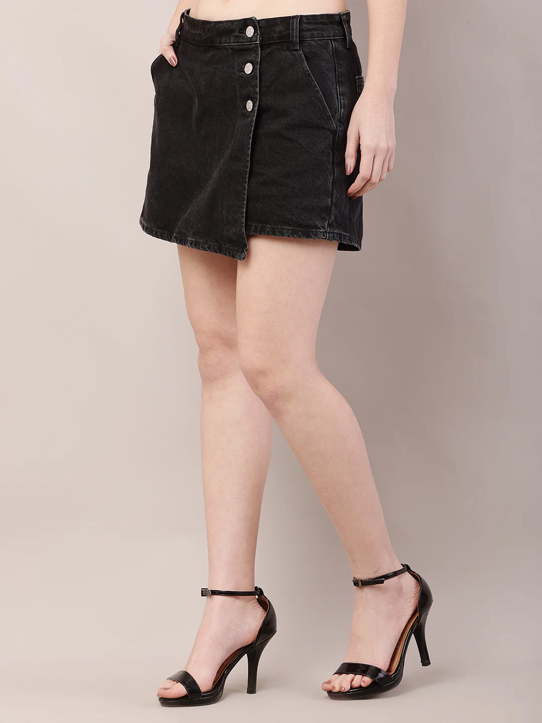 Women Black Buttoned Mini Skirt with Inner Short - Image 2