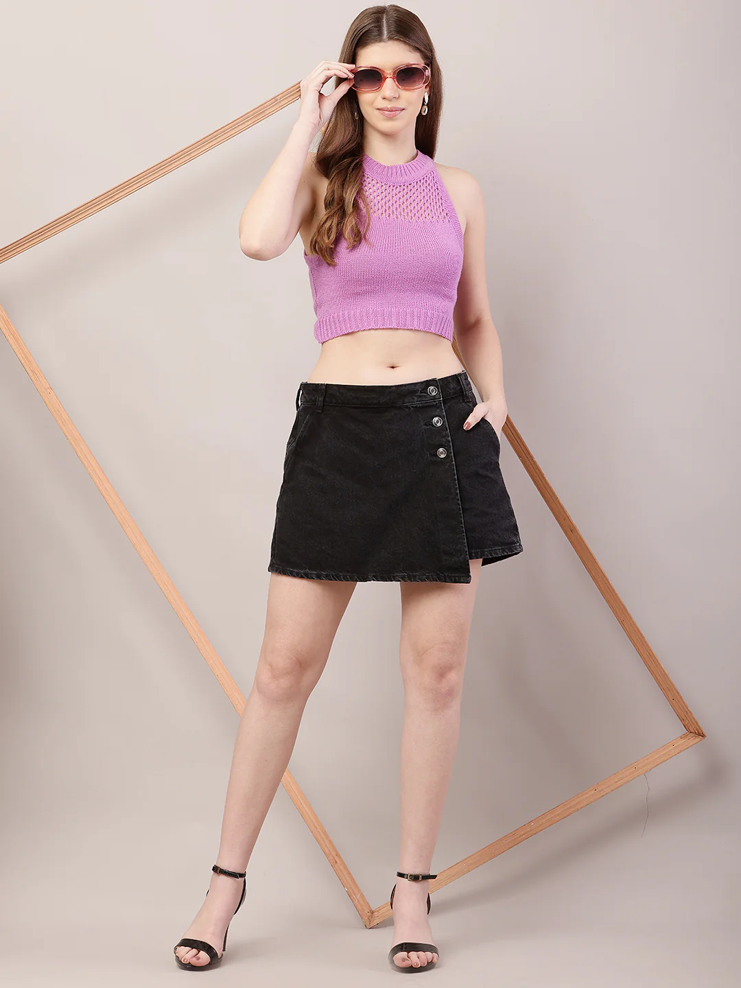 Women Black Buttoned Mini Skirt with Inner Short - Image 3