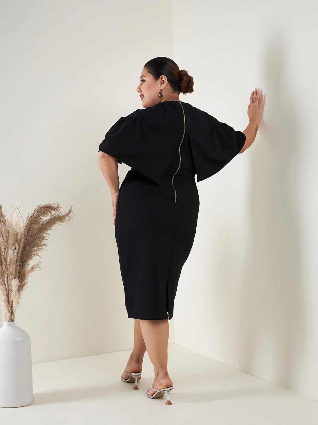 Women Black Cape Sleeves Bodycon Midi Dress - Image 6