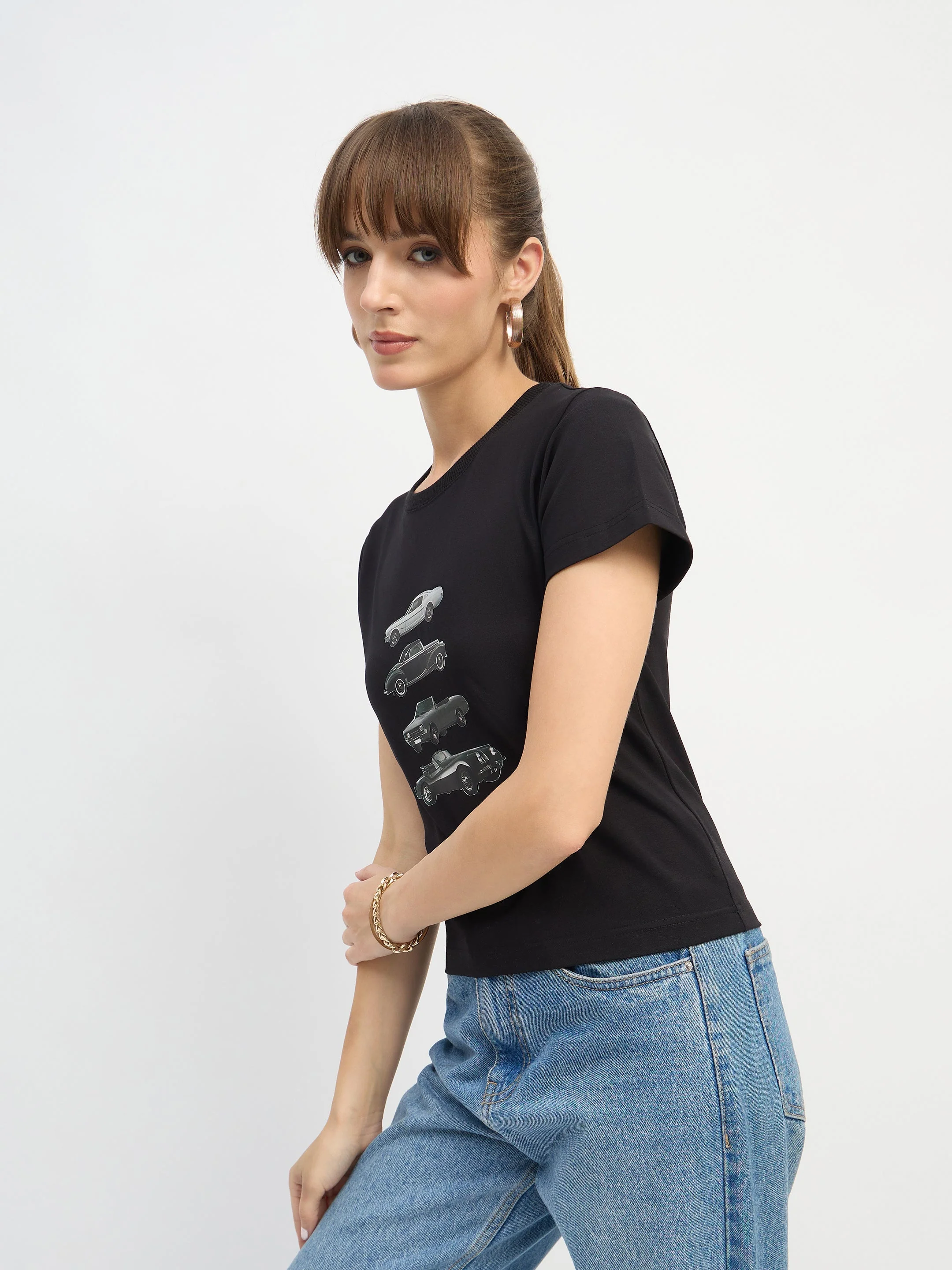 Women Black CAR Print Lycra T-Shirt - Image 3