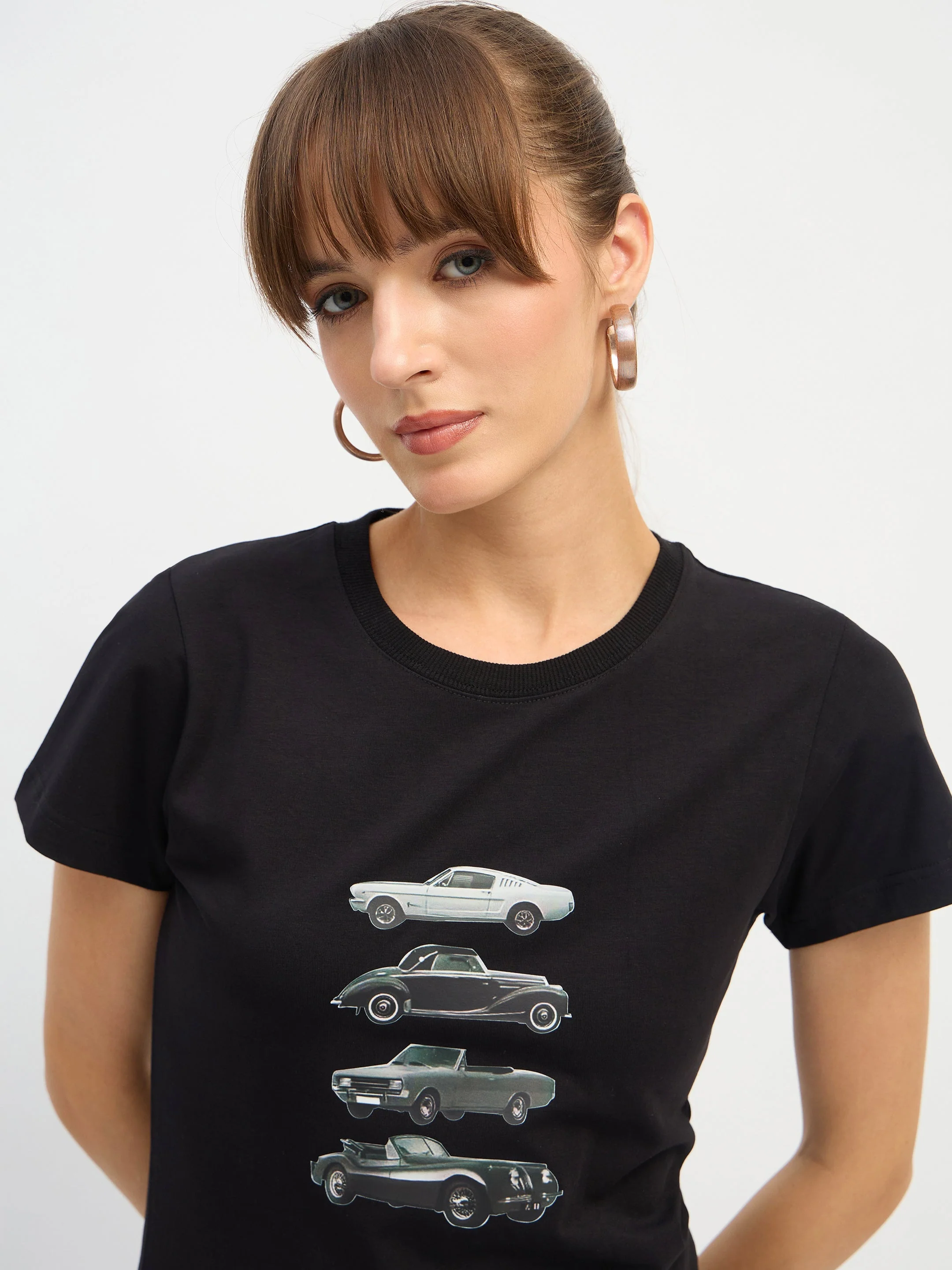 Women Black CAR Print Lycra T-Shirt - Image 4