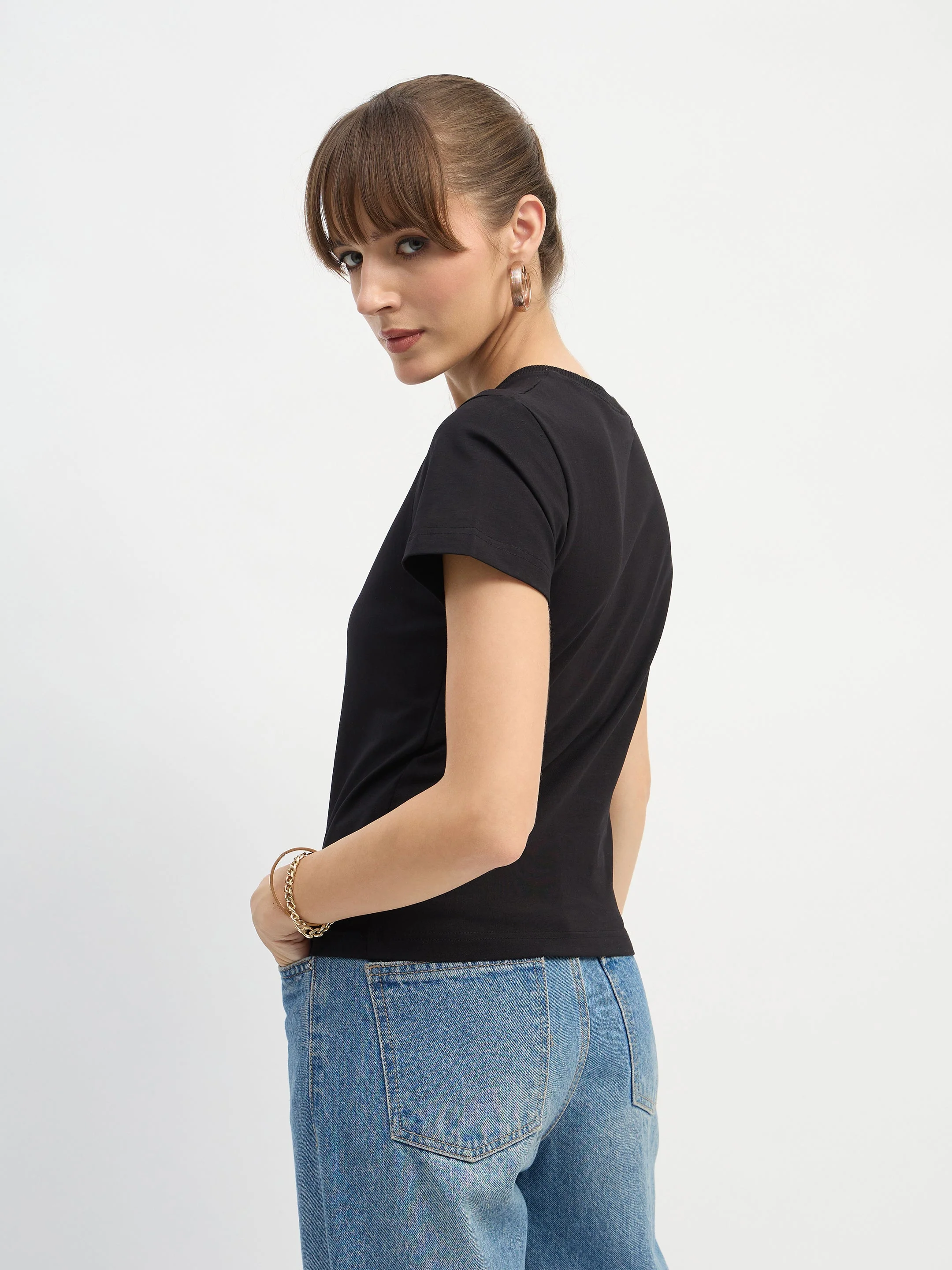 Women Black CAR Print Lycra T-Shirt - Image 5