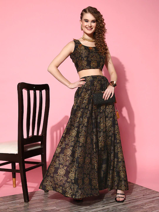Women Black Chanderi Floral Sleeveless Crop Top - Image 5