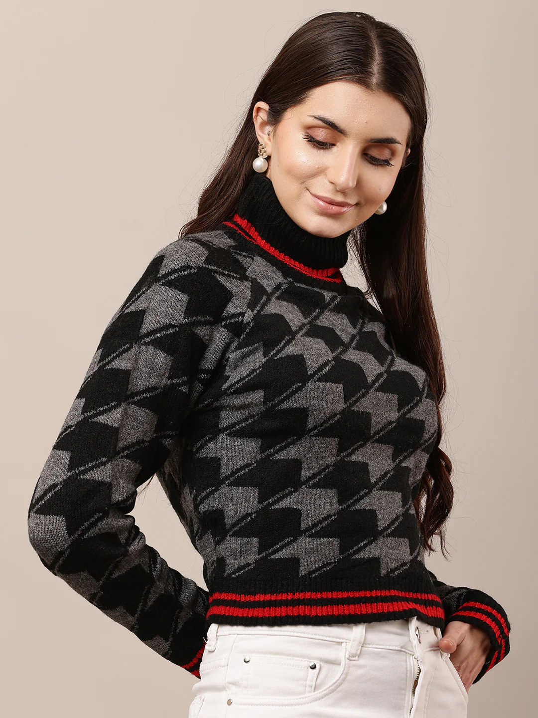 Women Black Checkered High-Neck Sweater - Image 2