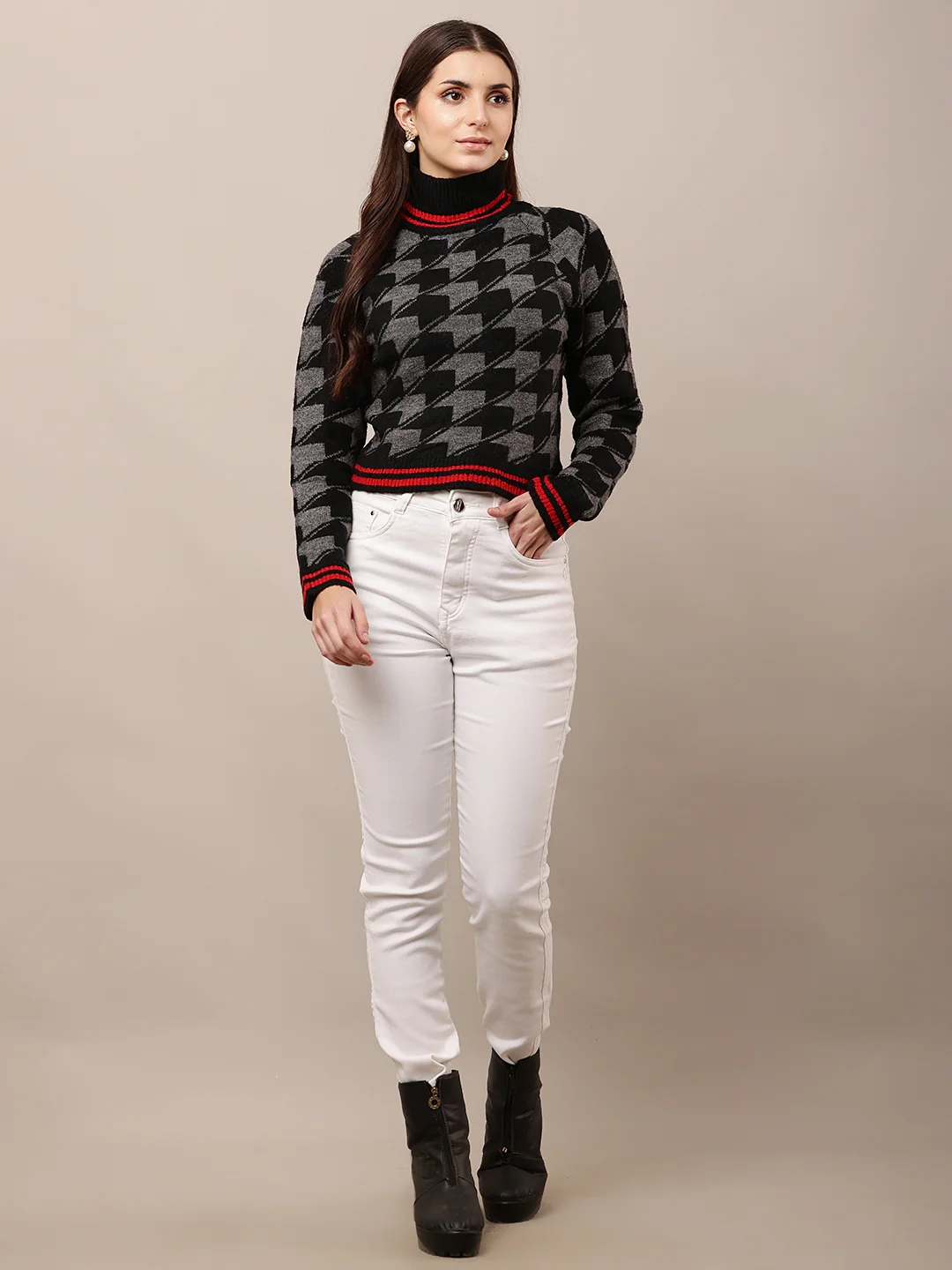 Women Black Checkered High-Neck Sweater - Image 3
