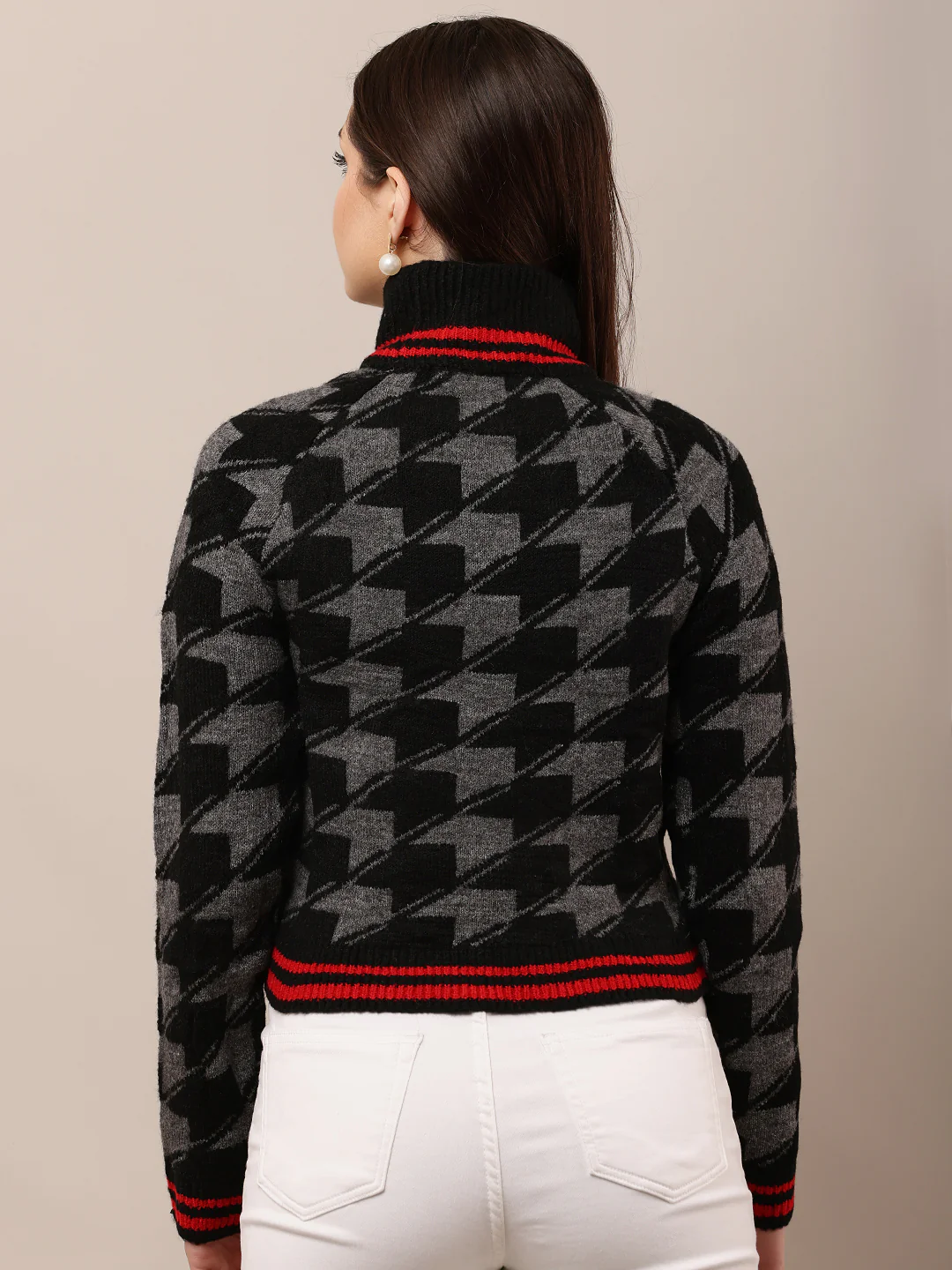 Women Black Checkered High-Neck Sweater - Image 4