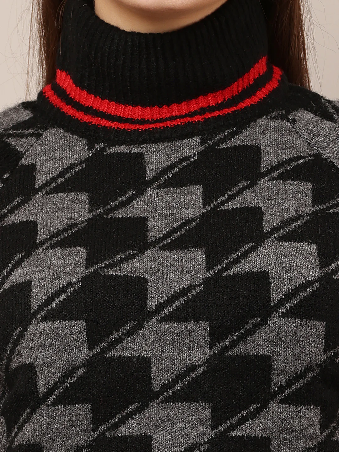 Women Black Checkered High-Neck Sweater - Image 5