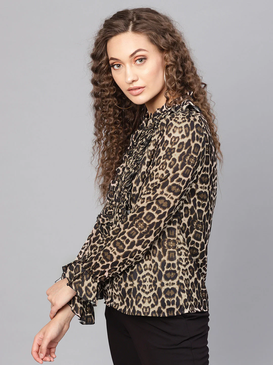 Women Black Cheetah Cascading Ruffles Shirt - Image 2