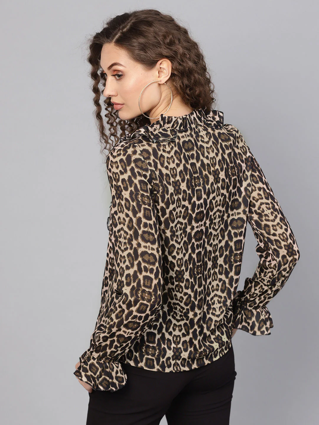 Women Black Cheetah Cascading Ruffles Shirt - Image 3