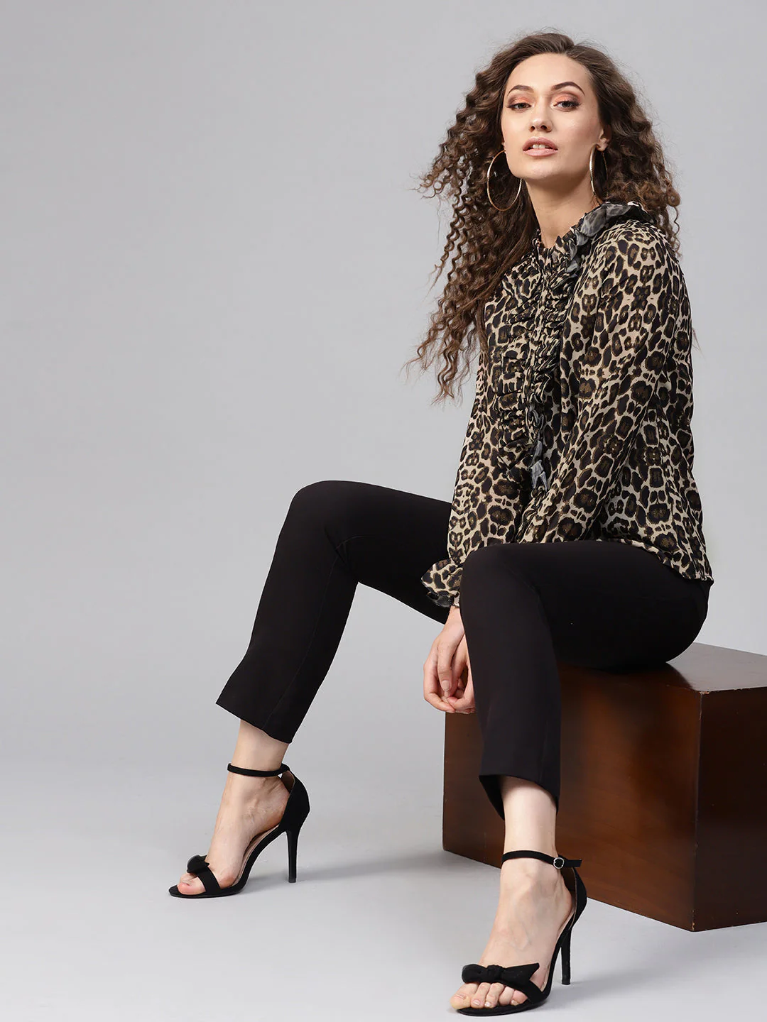 Women Black Cheetah Cascading Ruffles Shirt - Image 4