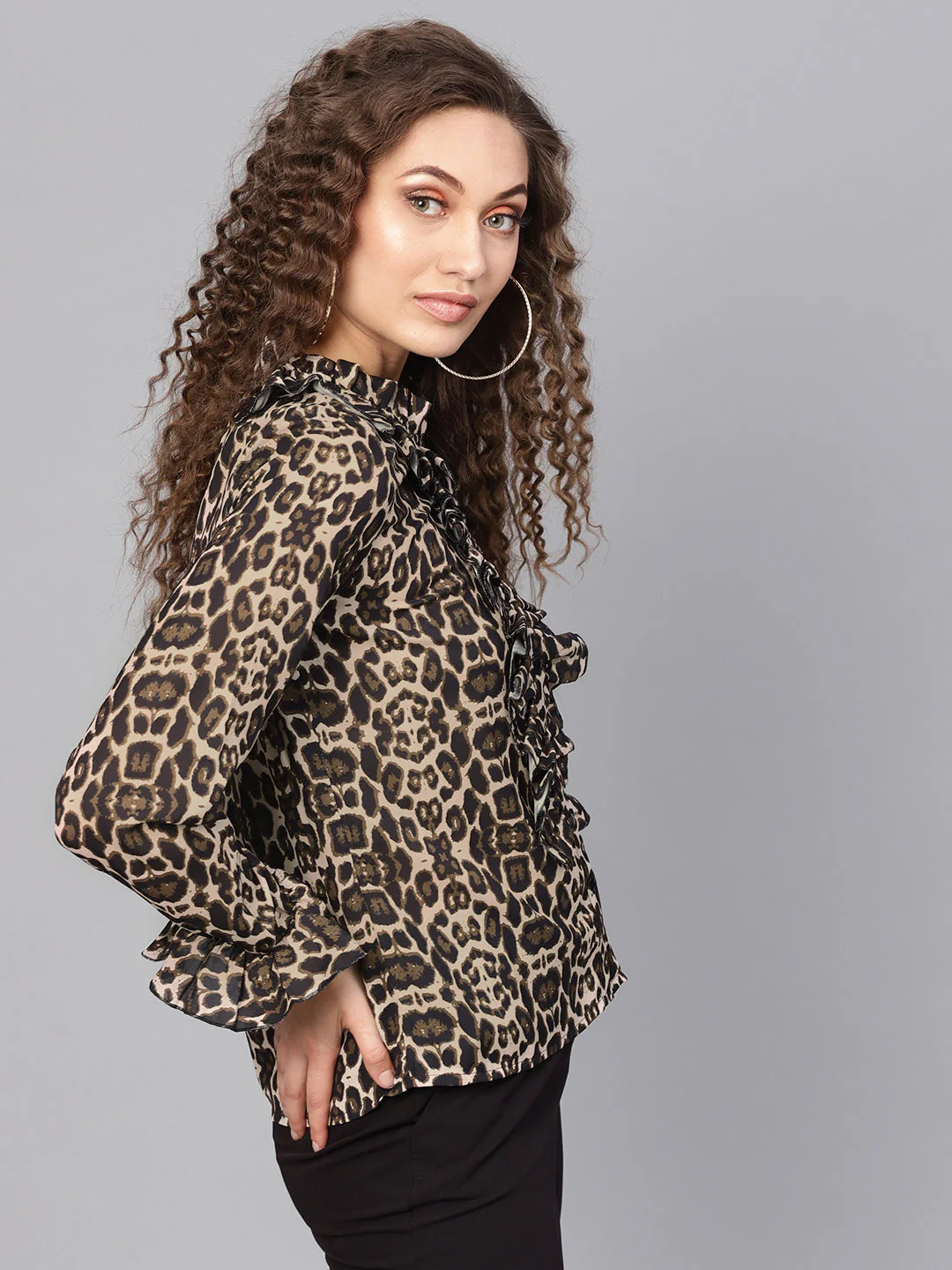 Women Black Cheetah Cascading Ruffles Shirt - Image 6