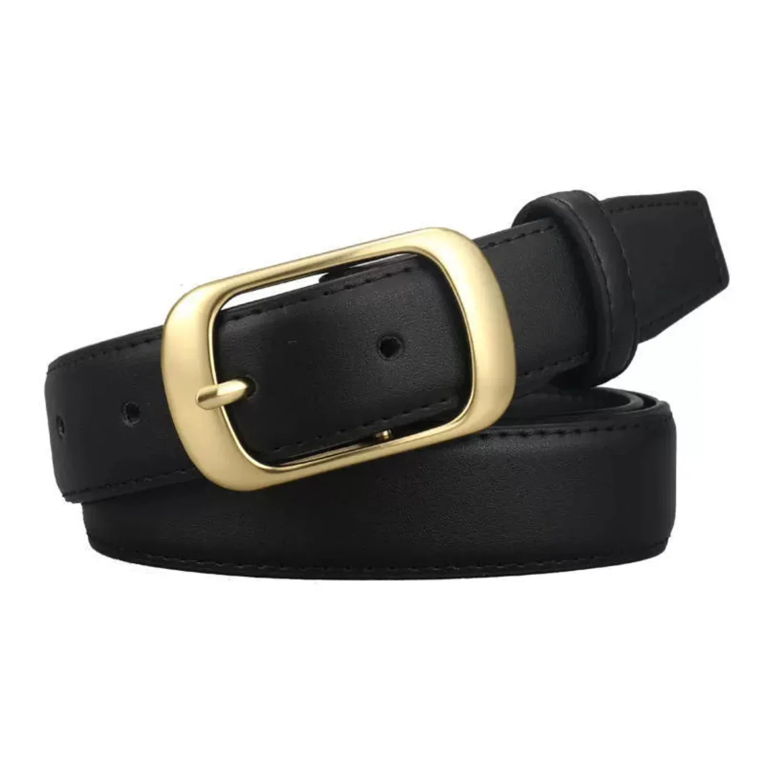 Women Black Classic Rectangle Buckle Black Belt - Image 2