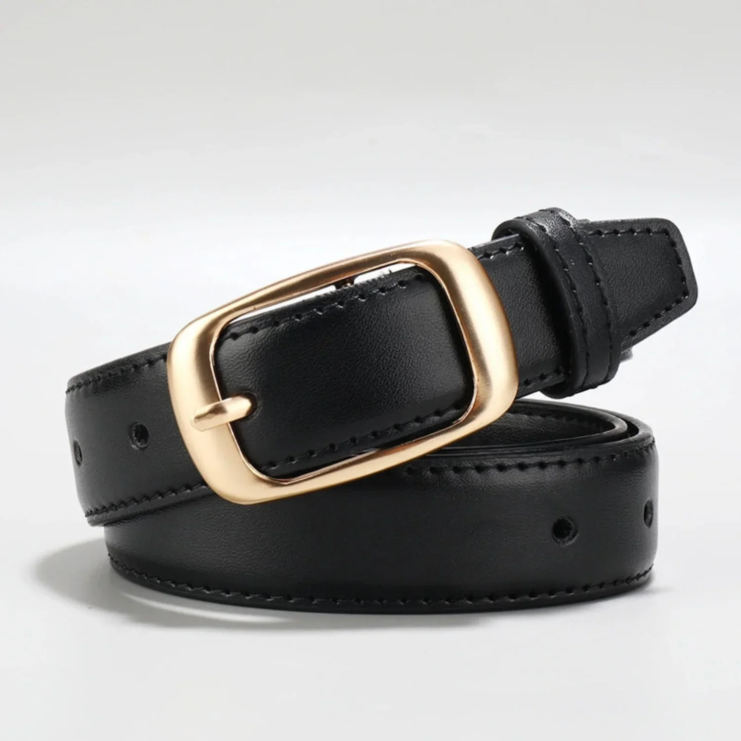 Women Black Classic Rectangle Buckle Black Belt - Image 3