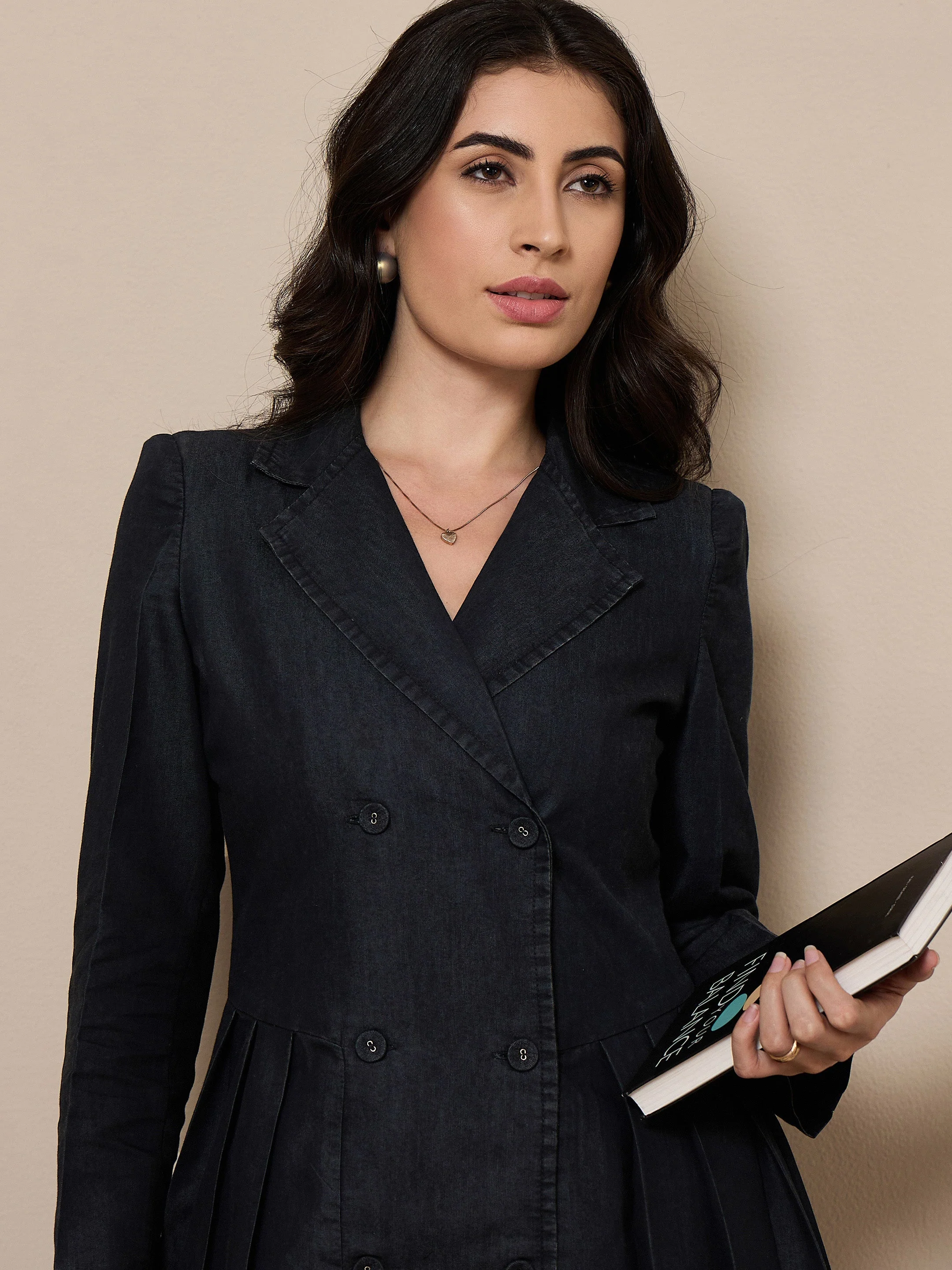 Women Black Collar Blazer Dress - Image 2