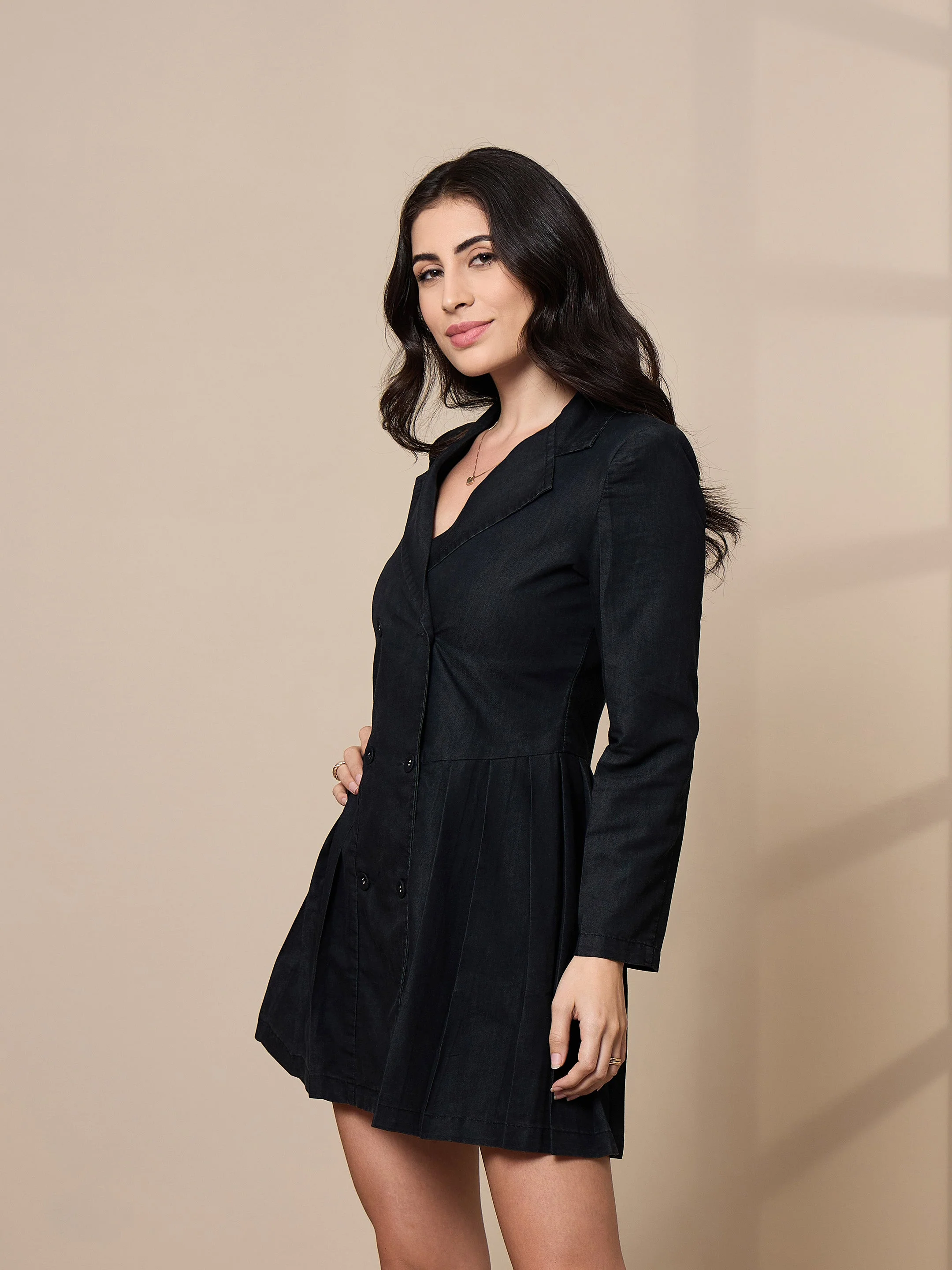 Women Black Collar Blazer Dress - Image 3