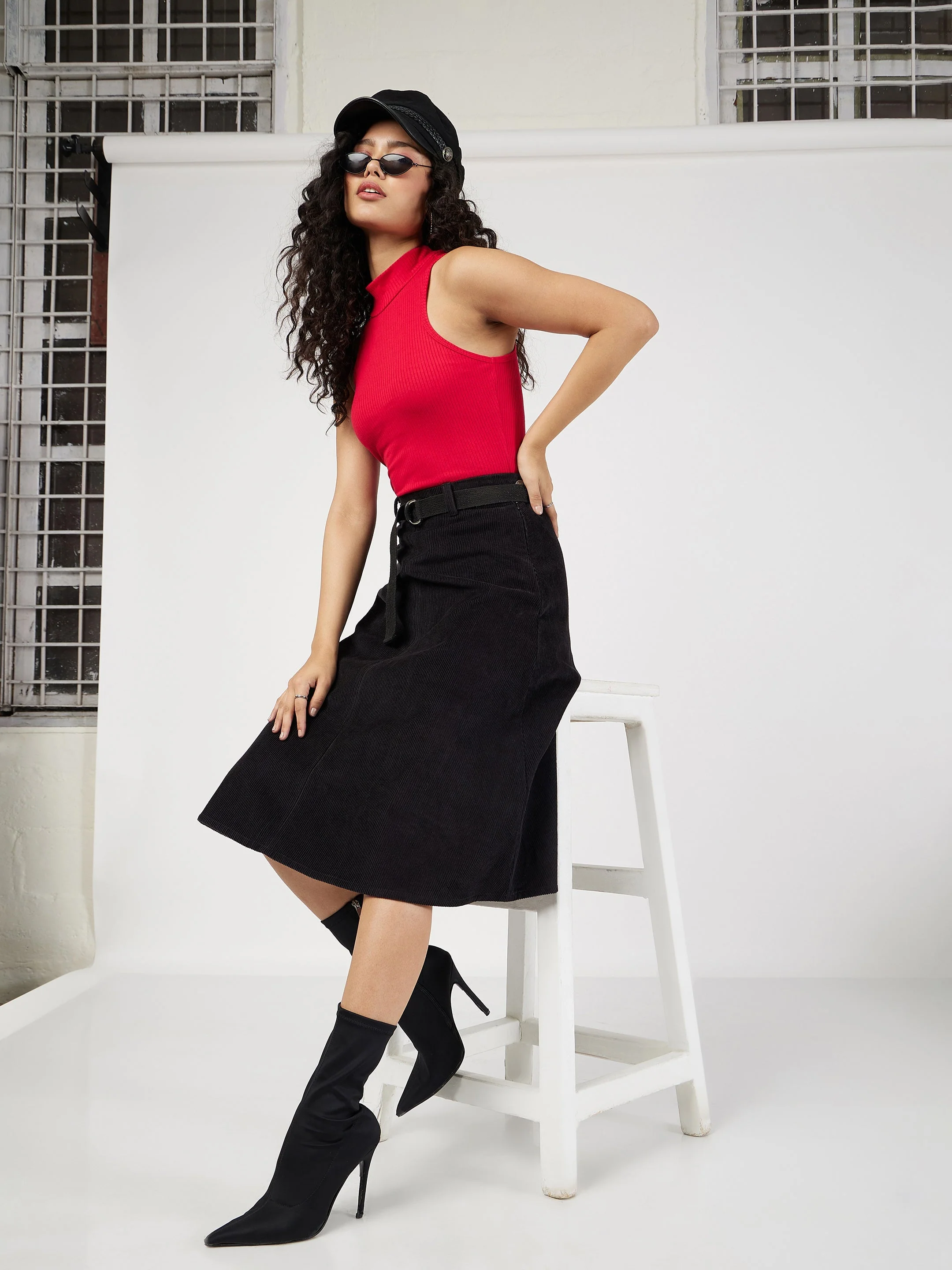 Women Black Corduroy A-Line Midi Skirt - Image 2