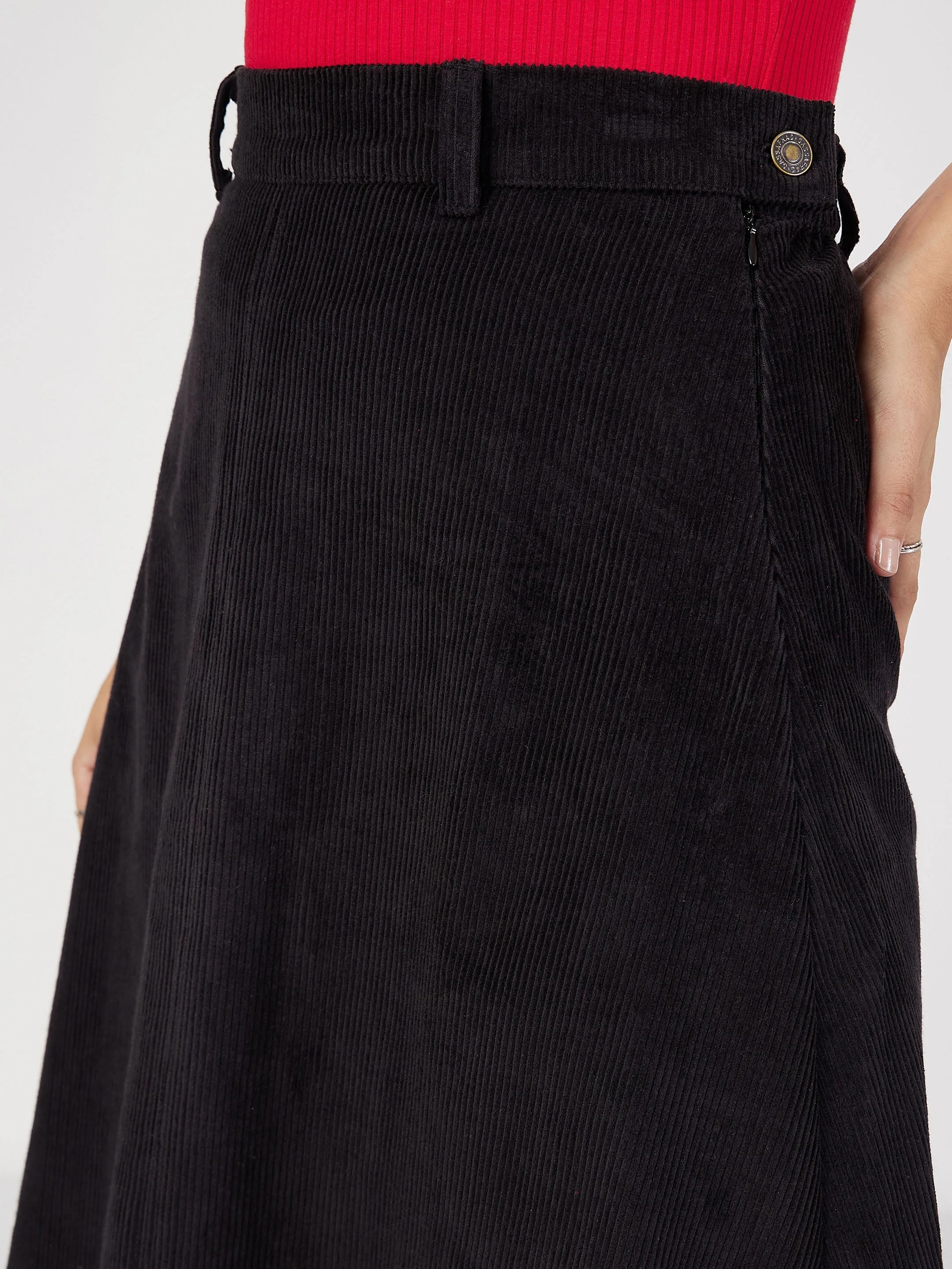 Women Black Corduroy A-Line Midi Skirt - Image 4