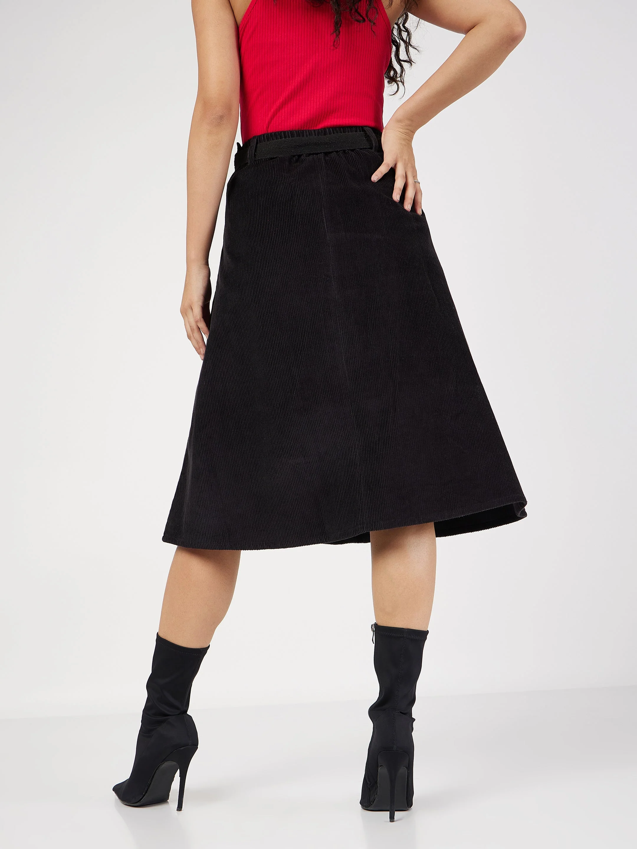 Women Black Corduroy A-Line Midi Skirt - Image 5