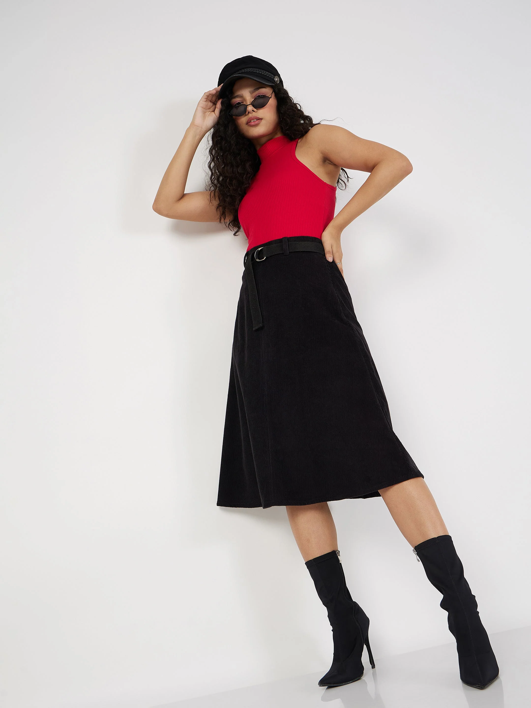 Women Black Corduroy A-Line Midi Skirt - Image 6