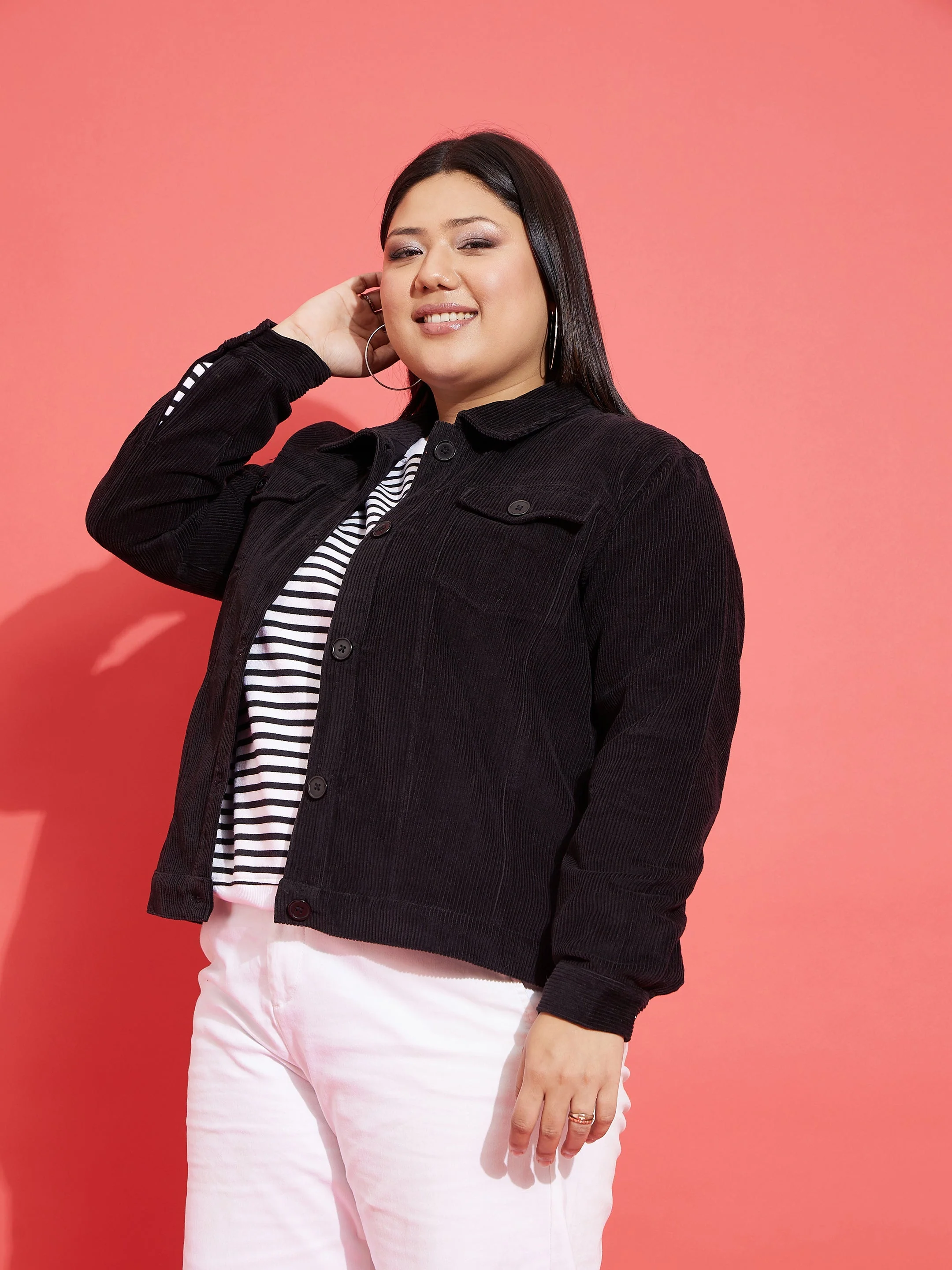 Women Black Corduroy Button Jacket - Image 3