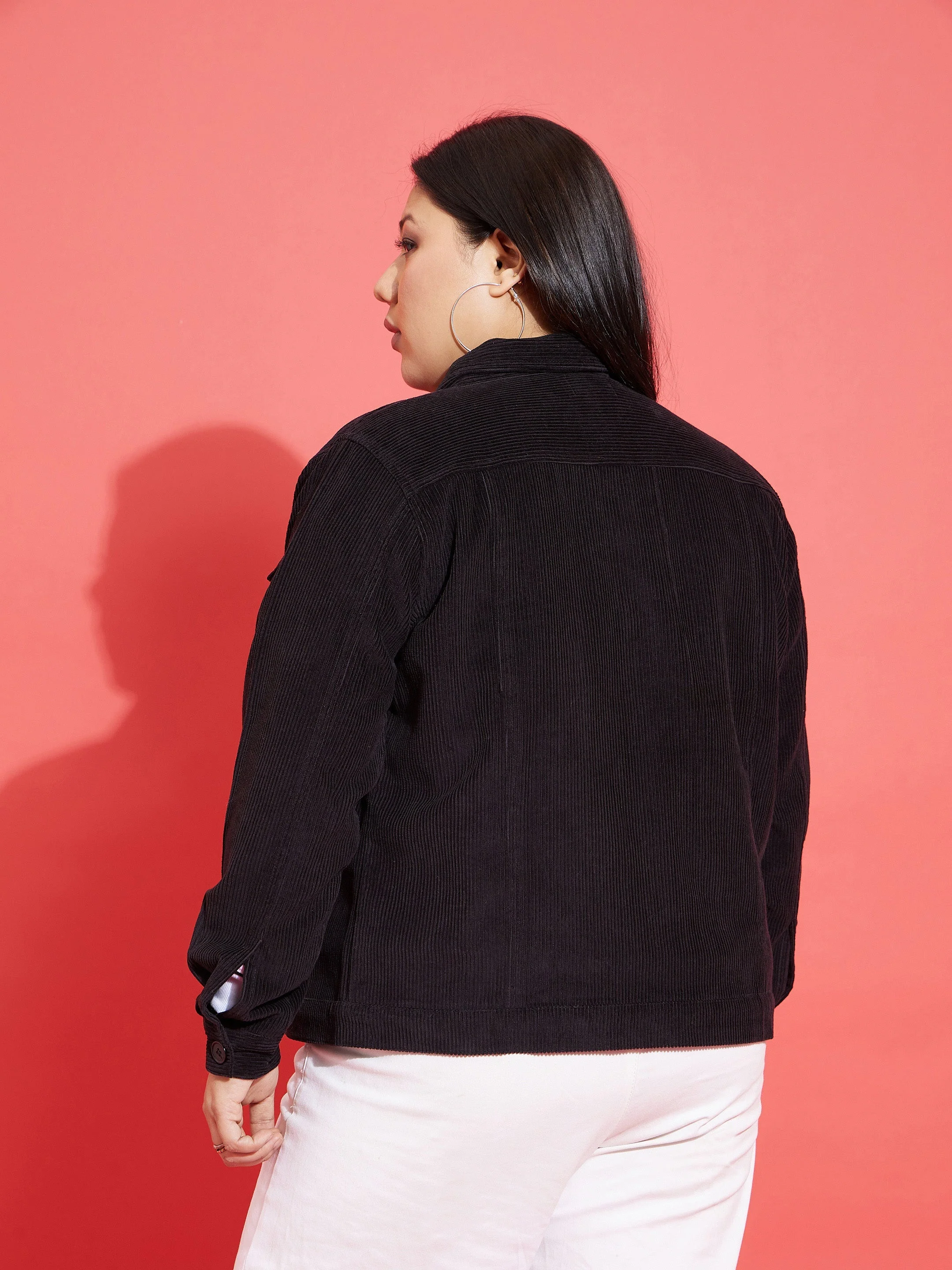 Women Black Corduroy Button Jacket - Image 5