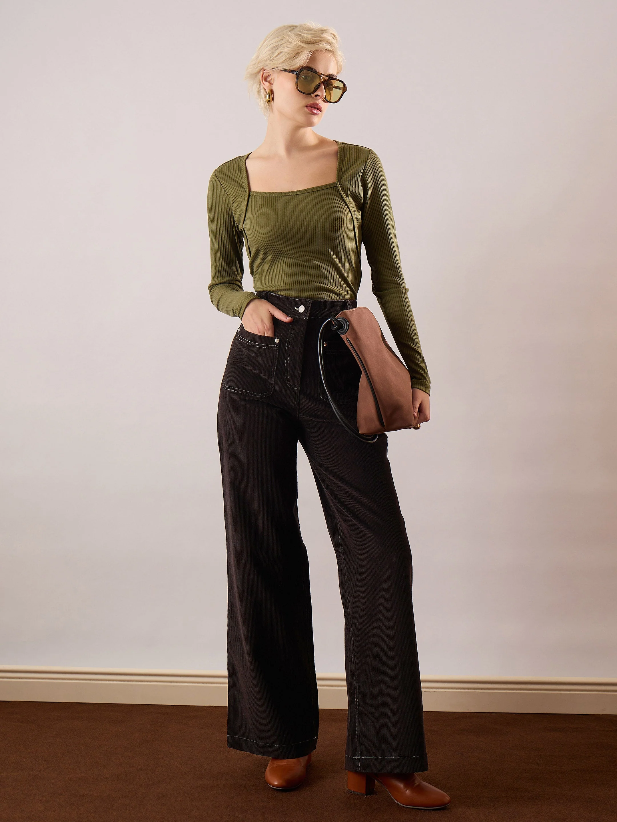 Women Black Corduroy Front Patch Pocket Wide Leg Pants - Image 2