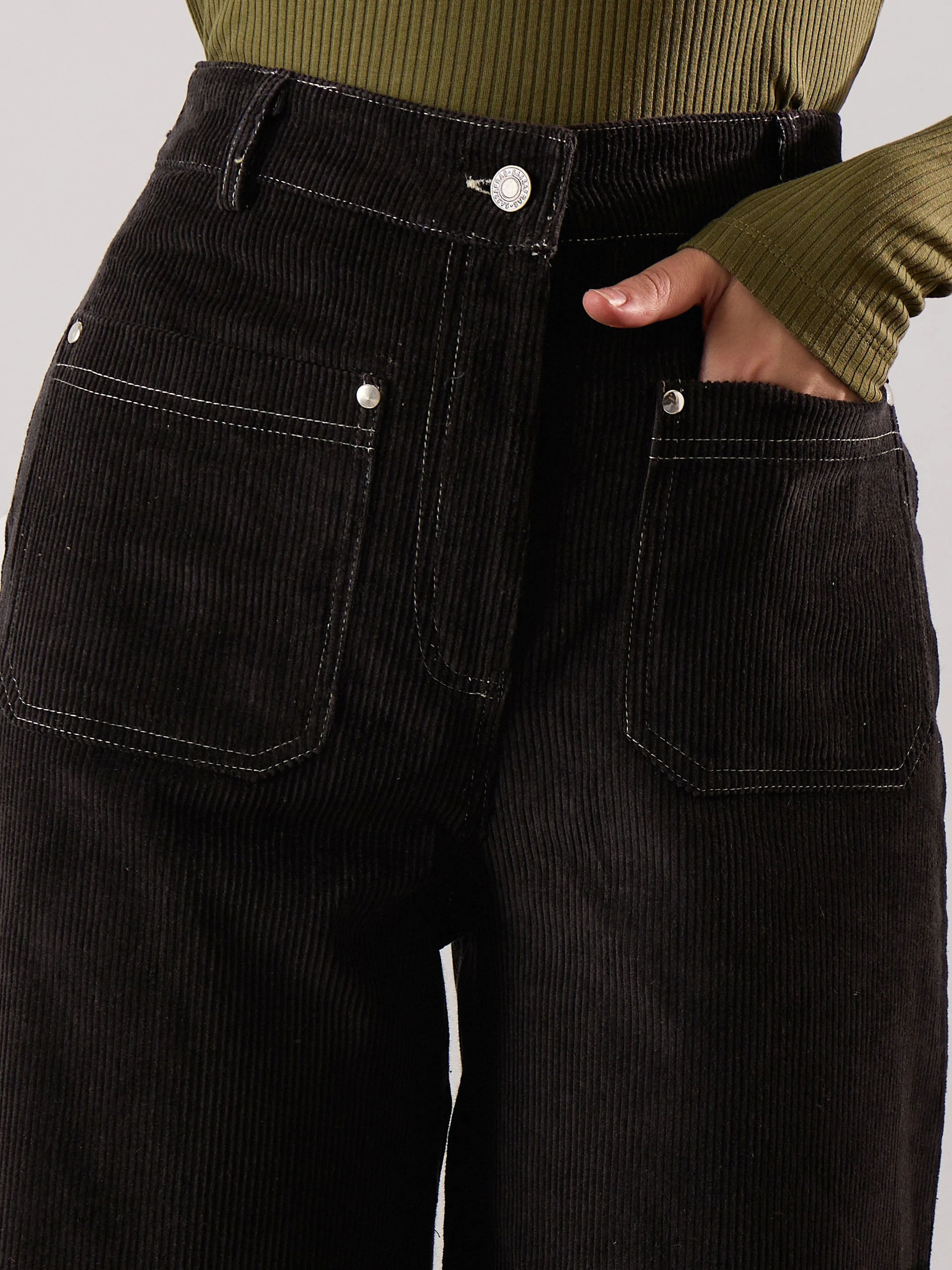 Women Black Corduroy Front Patch Pocket Wide Leg Pants - Image 4