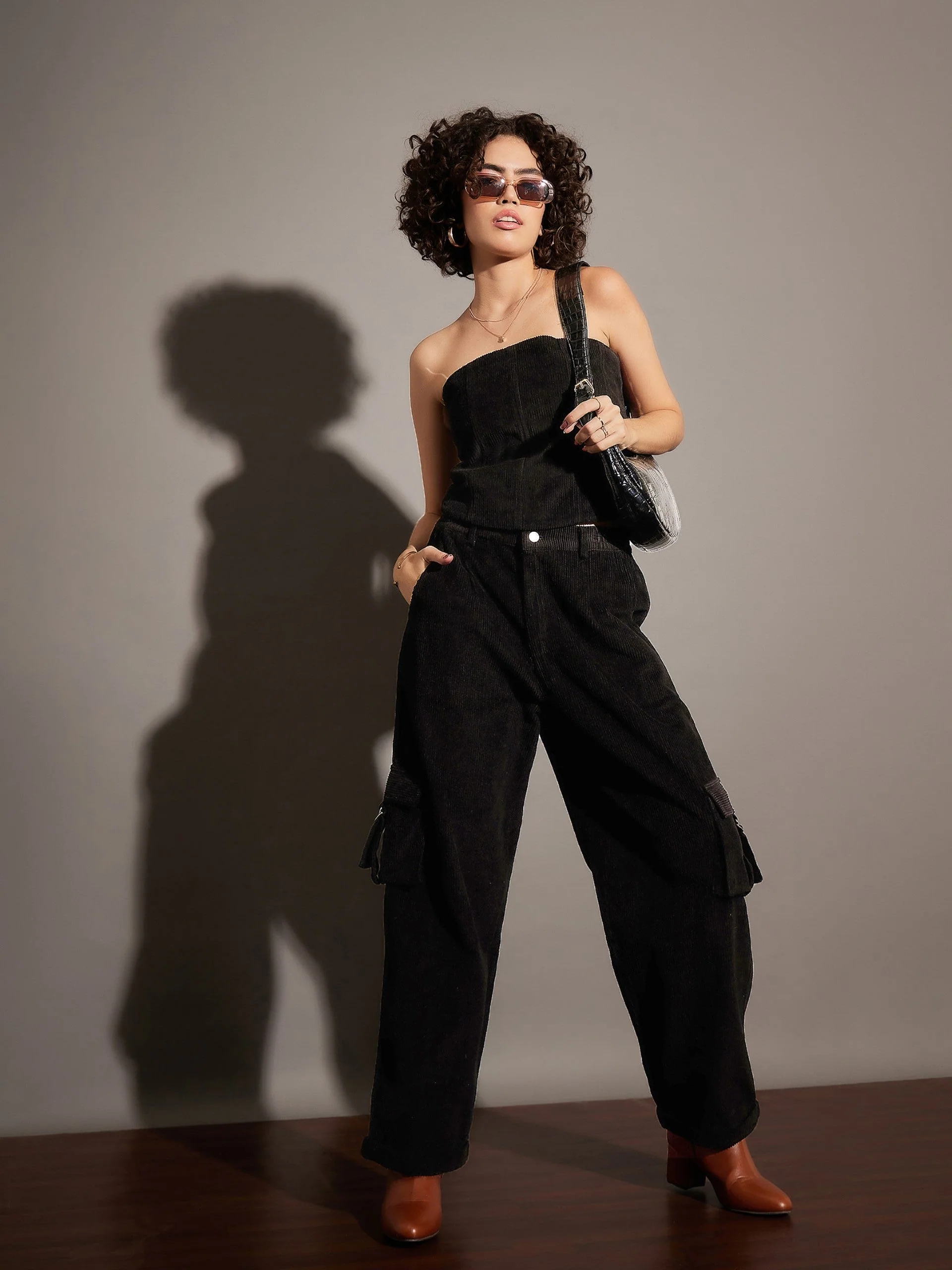 Women Black Corduroy Multi Pocket Cargo Pants - Image 2