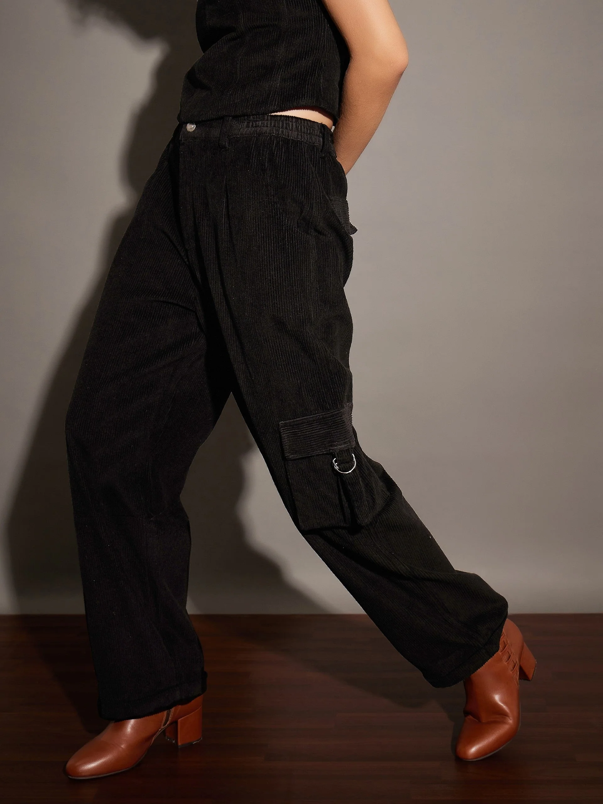 Women Black Corduroy Multi Pocket Cargo Pants - Image 3